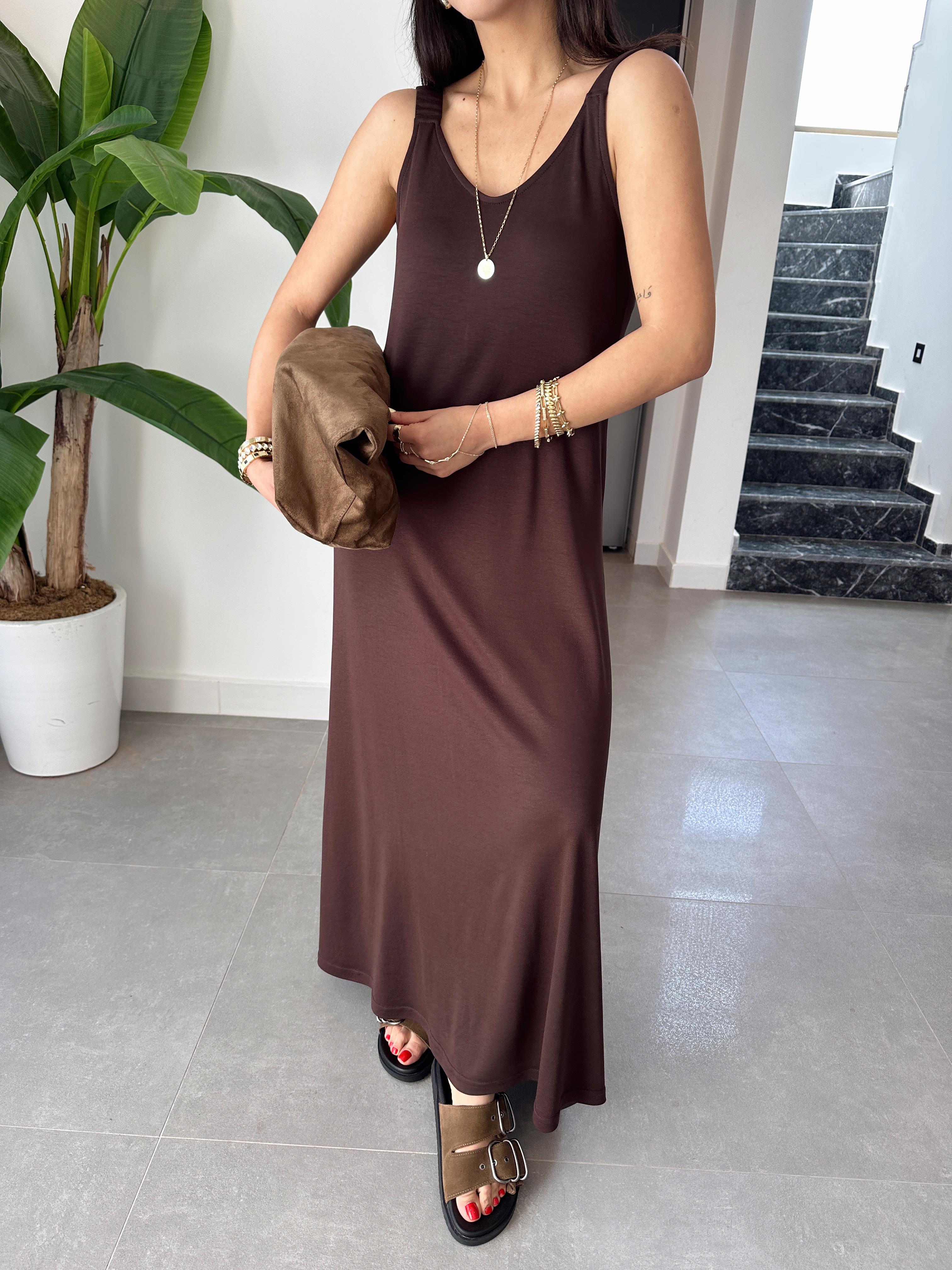 Kahve Büzgü Askılı Modal Kumaş Elbise