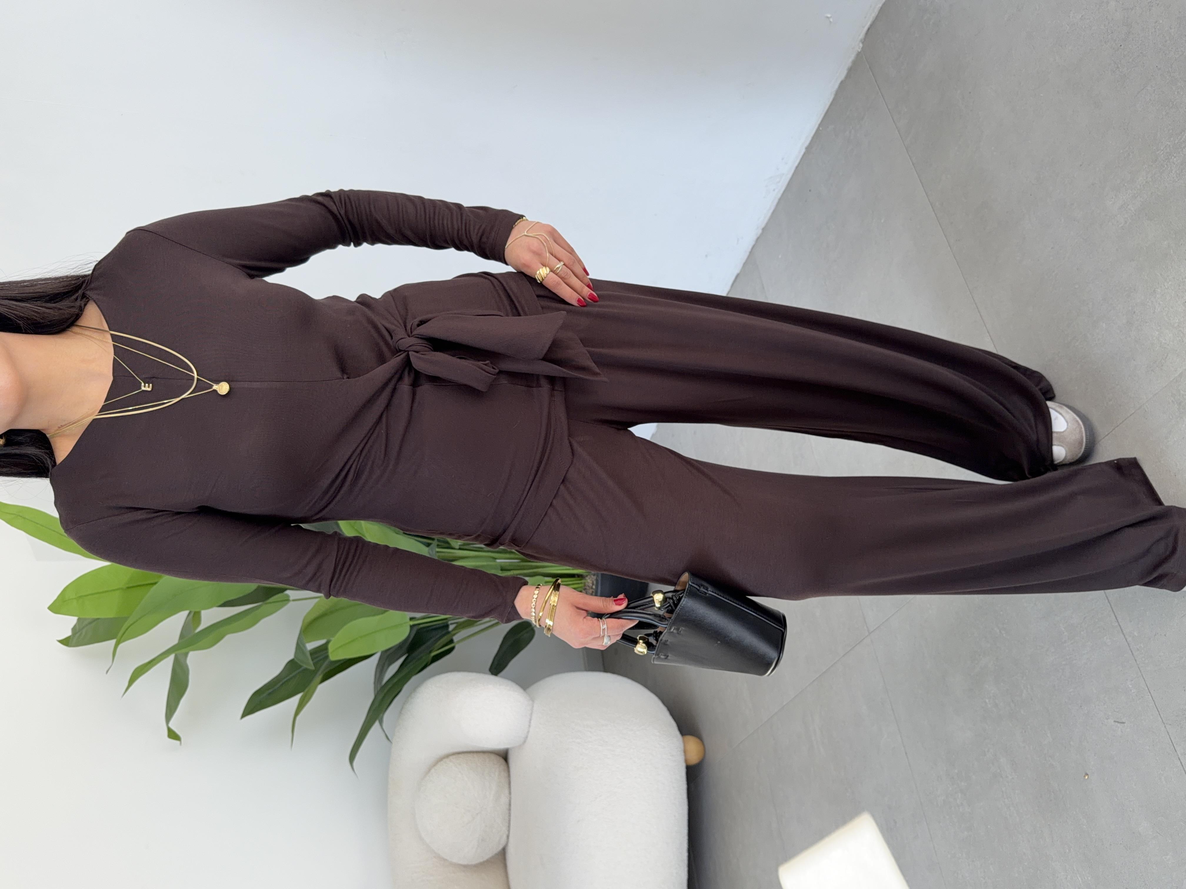 Kahve Buzy Bel Bağlamalı Bluz Pantolon Takım