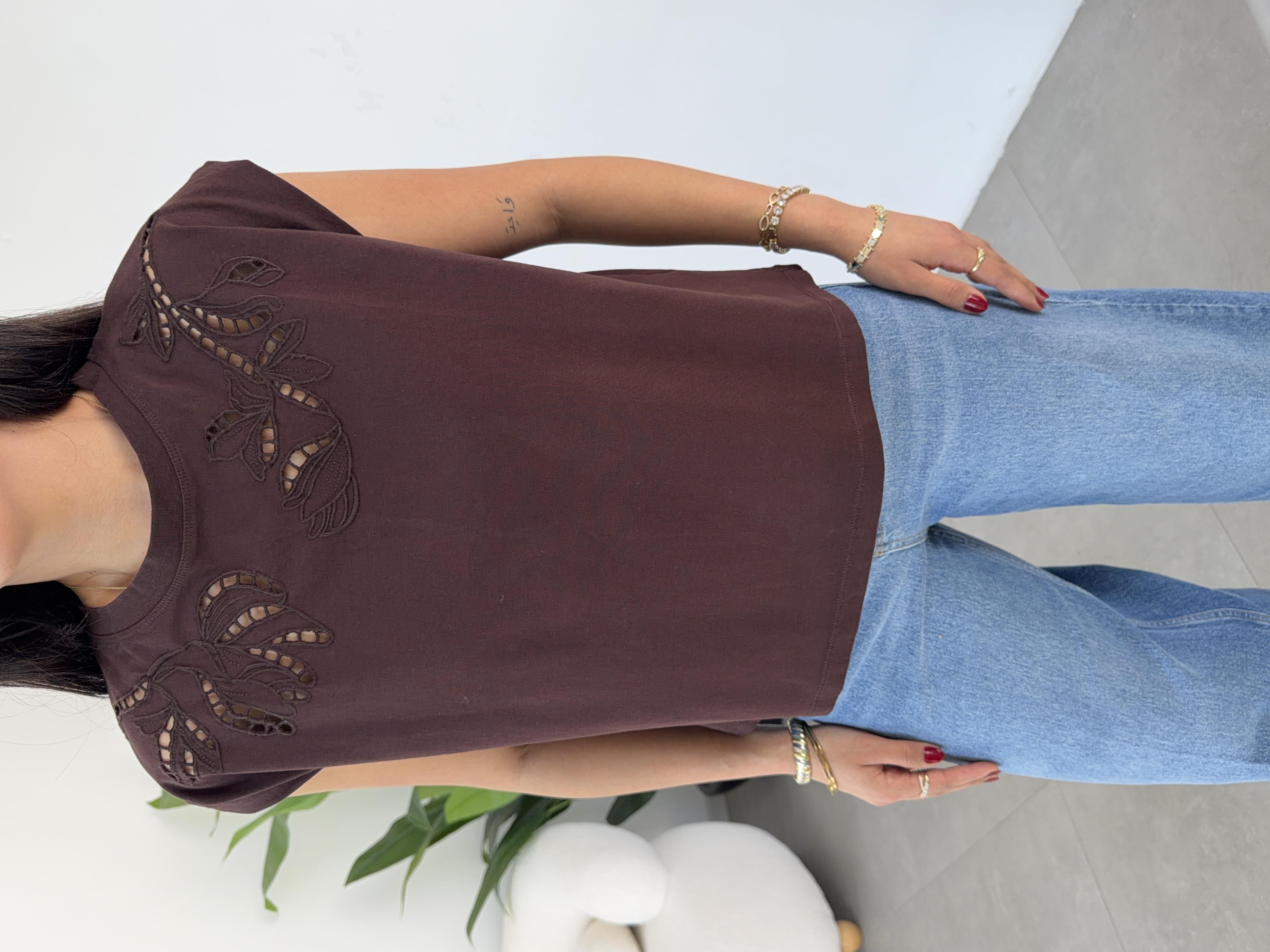 Kahve Cutwork Nakış Detaylı Tshirt