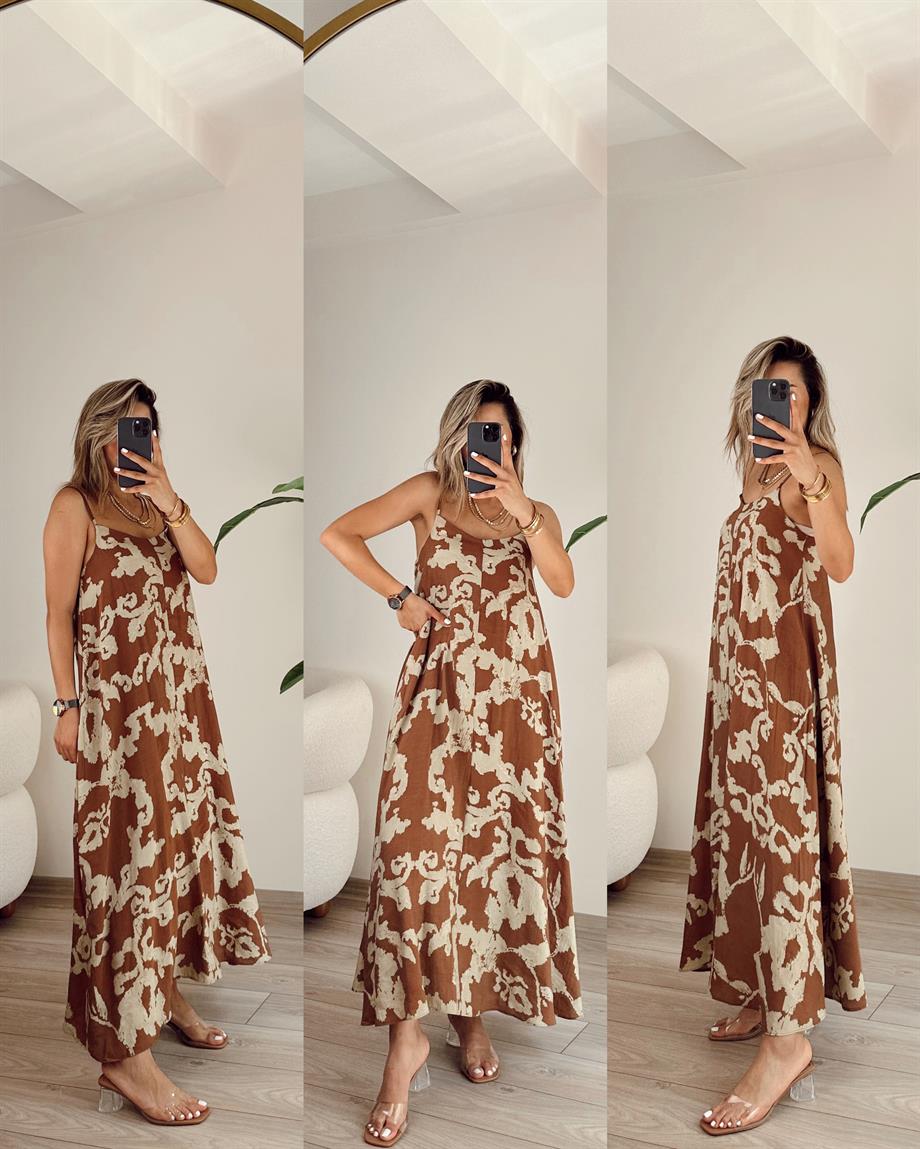 Kahve Desenli Askılı Elbise