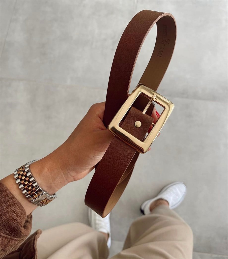 Kahve Dikdörtgen Gold Detaylı Kemer