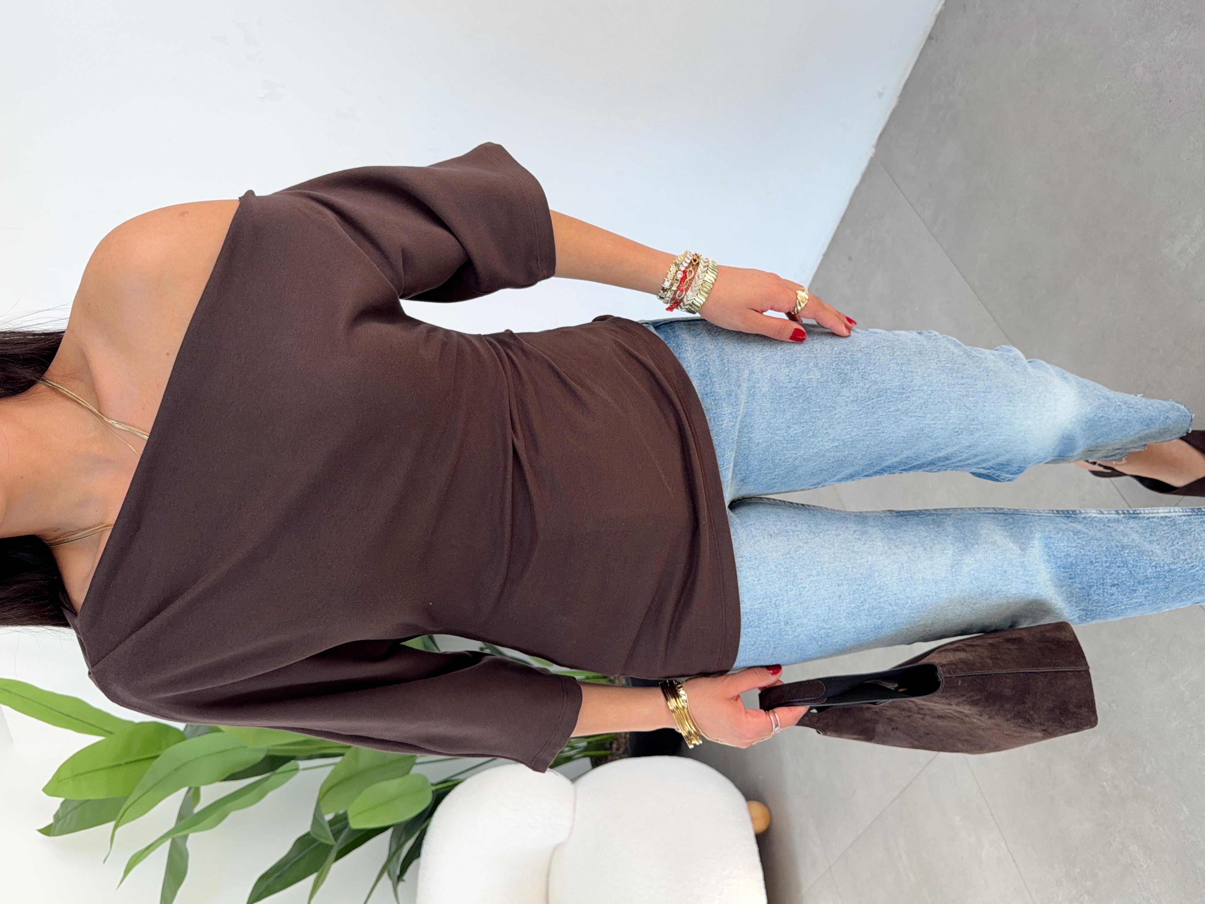 Kahve Drape Detaylı Asimetrik Bluz