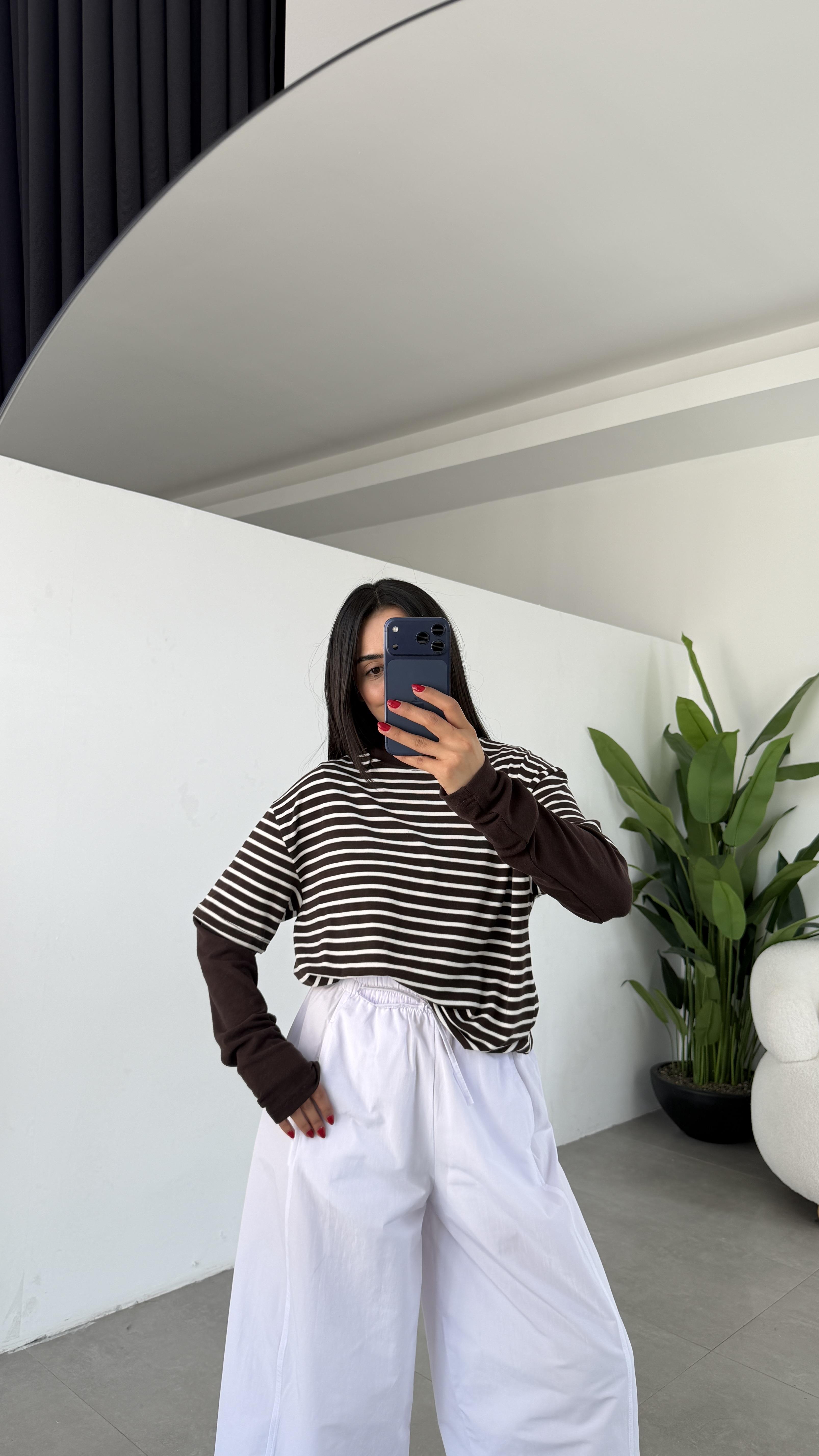 Kahve-Ekru Çizgili Çift Kollu Tişört