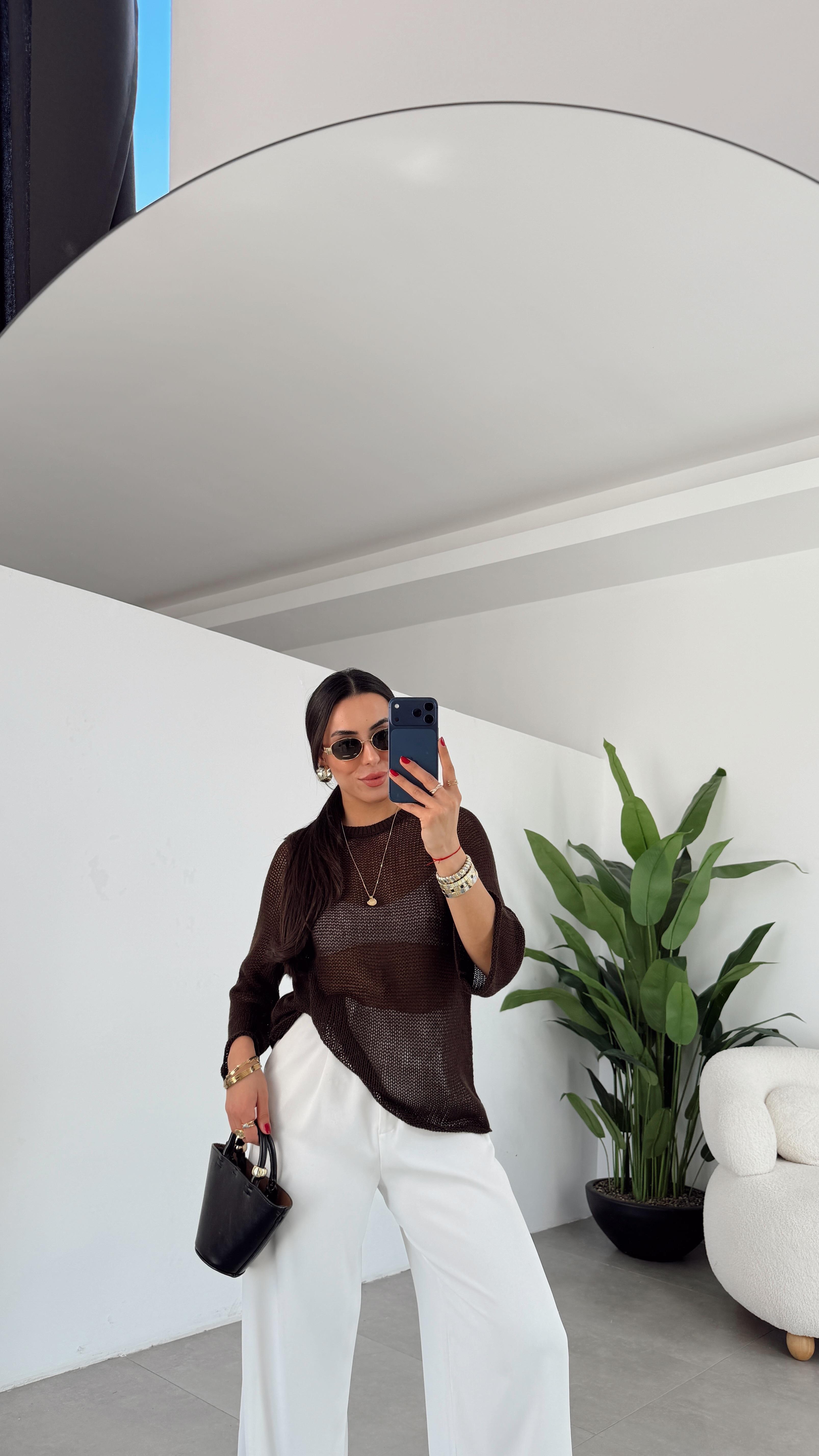 Kahve File Örgü Oversize Triko Bluz