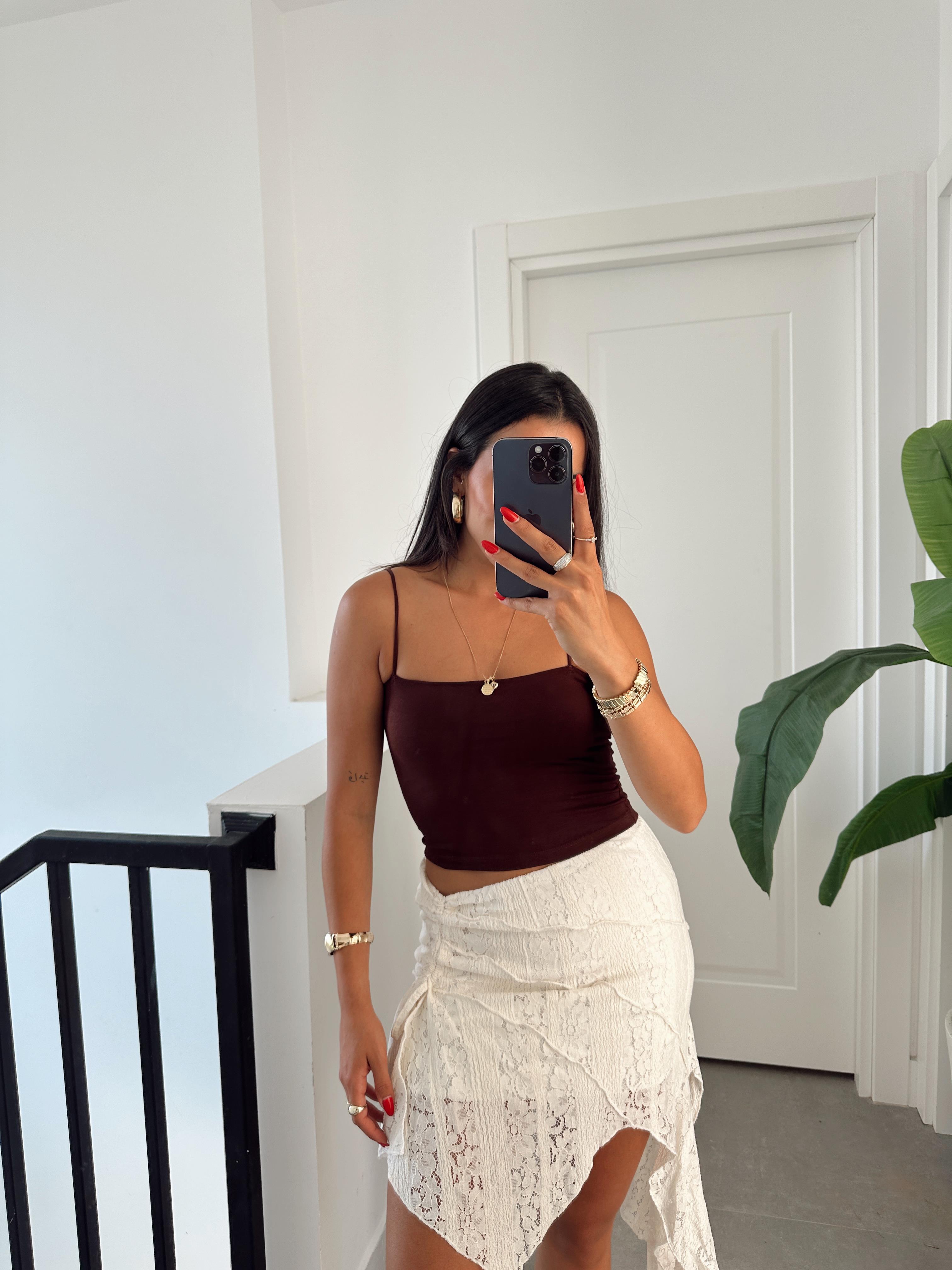 Kahve İçi Dolgulu Askılı Crop