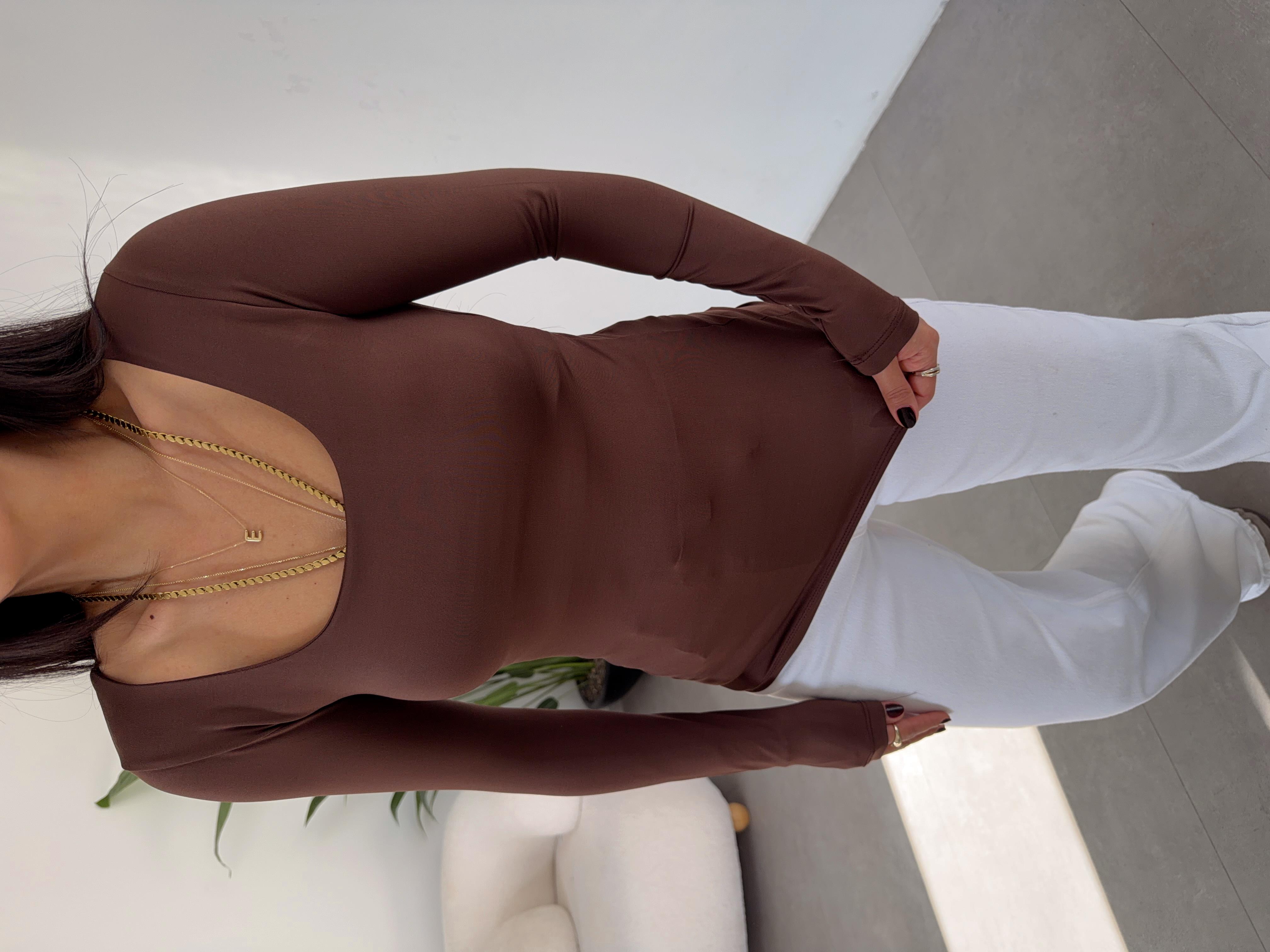 Kahve Kare Yaka Uzun Kol Bluz