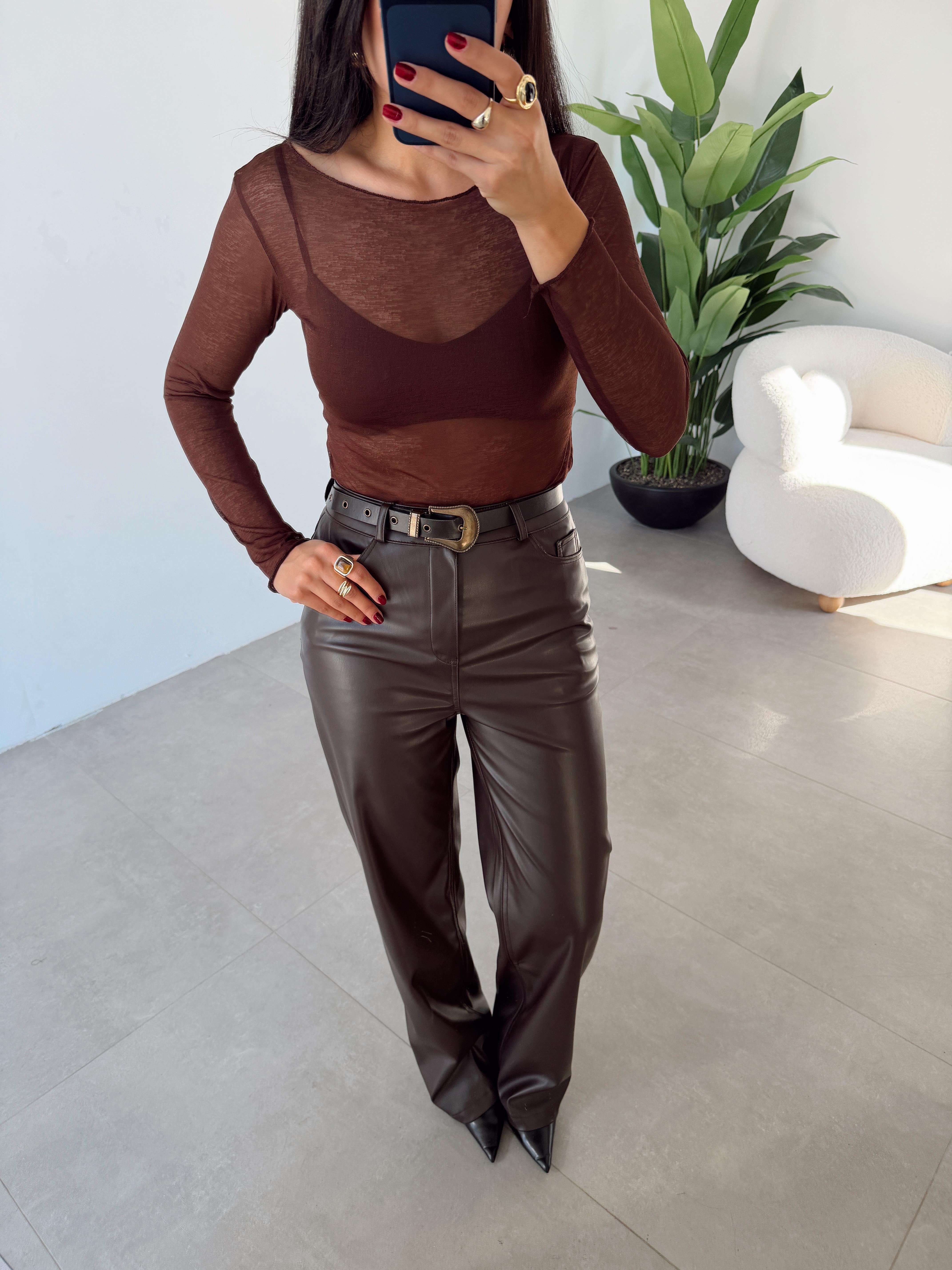 Kahve Kayık Yaka Transparan Bluz