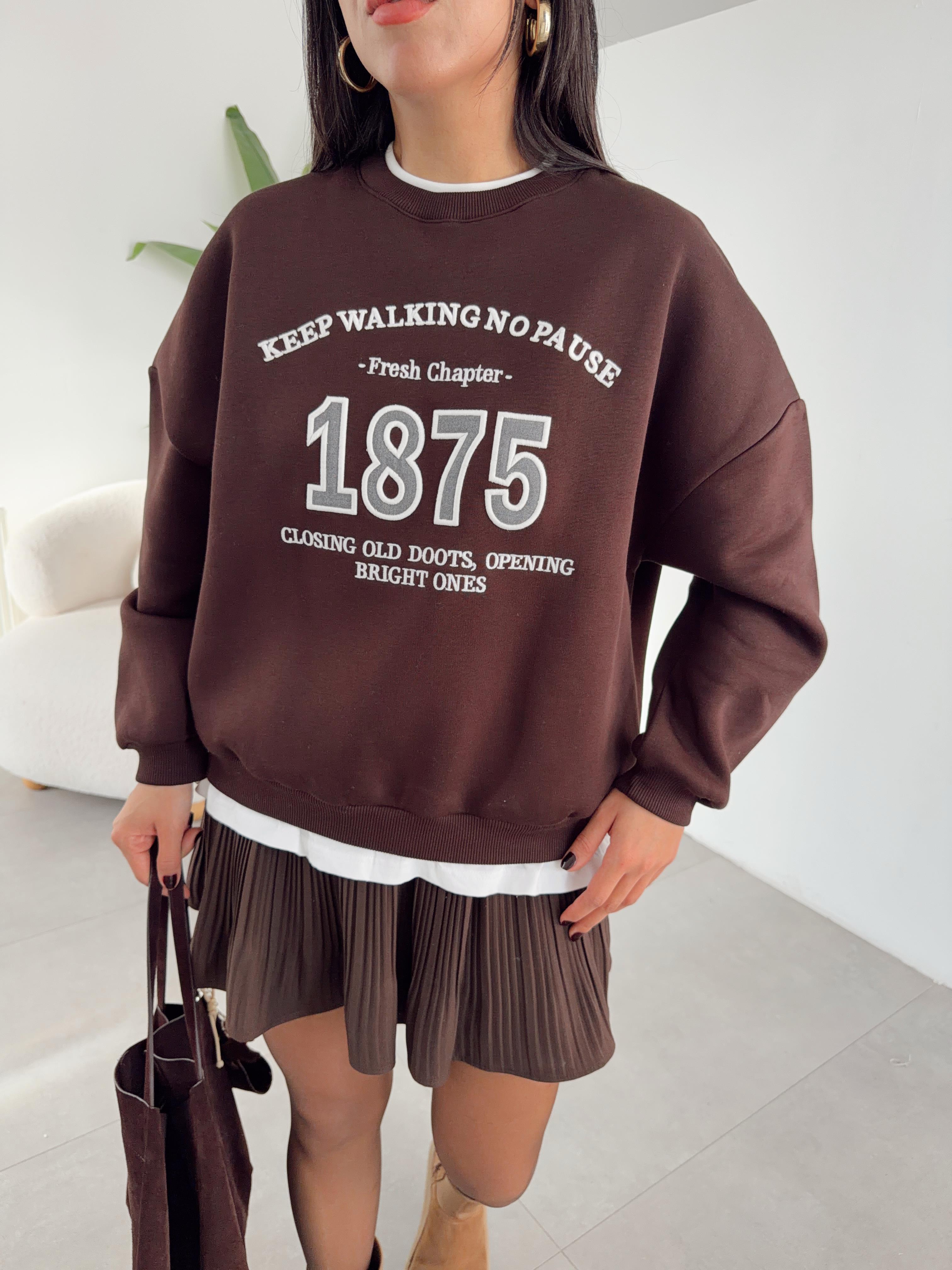 Kahve Kendinden Tişörtlü Nakışlı Sweat