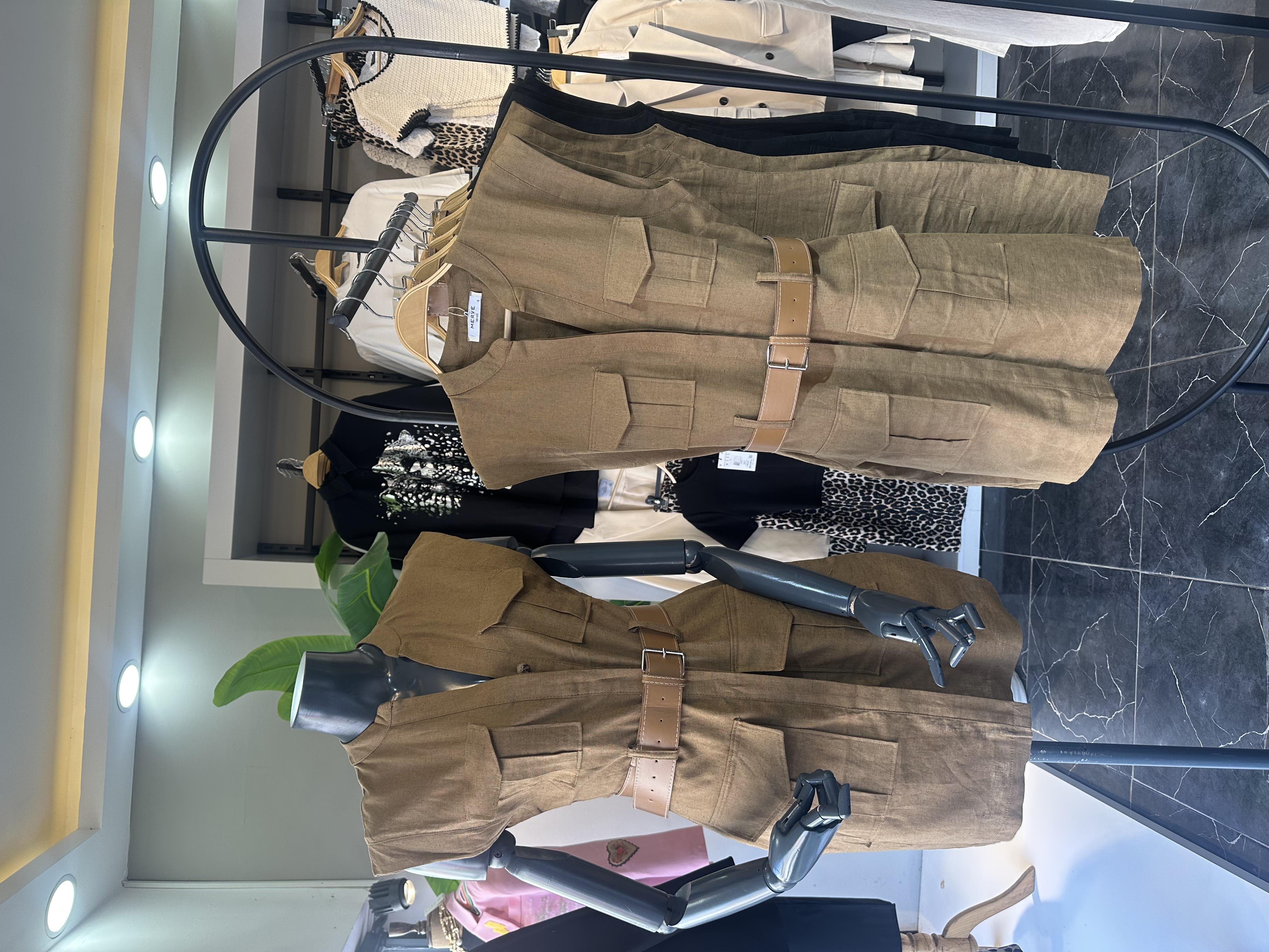 Kahve Keten Kemerli Elbise