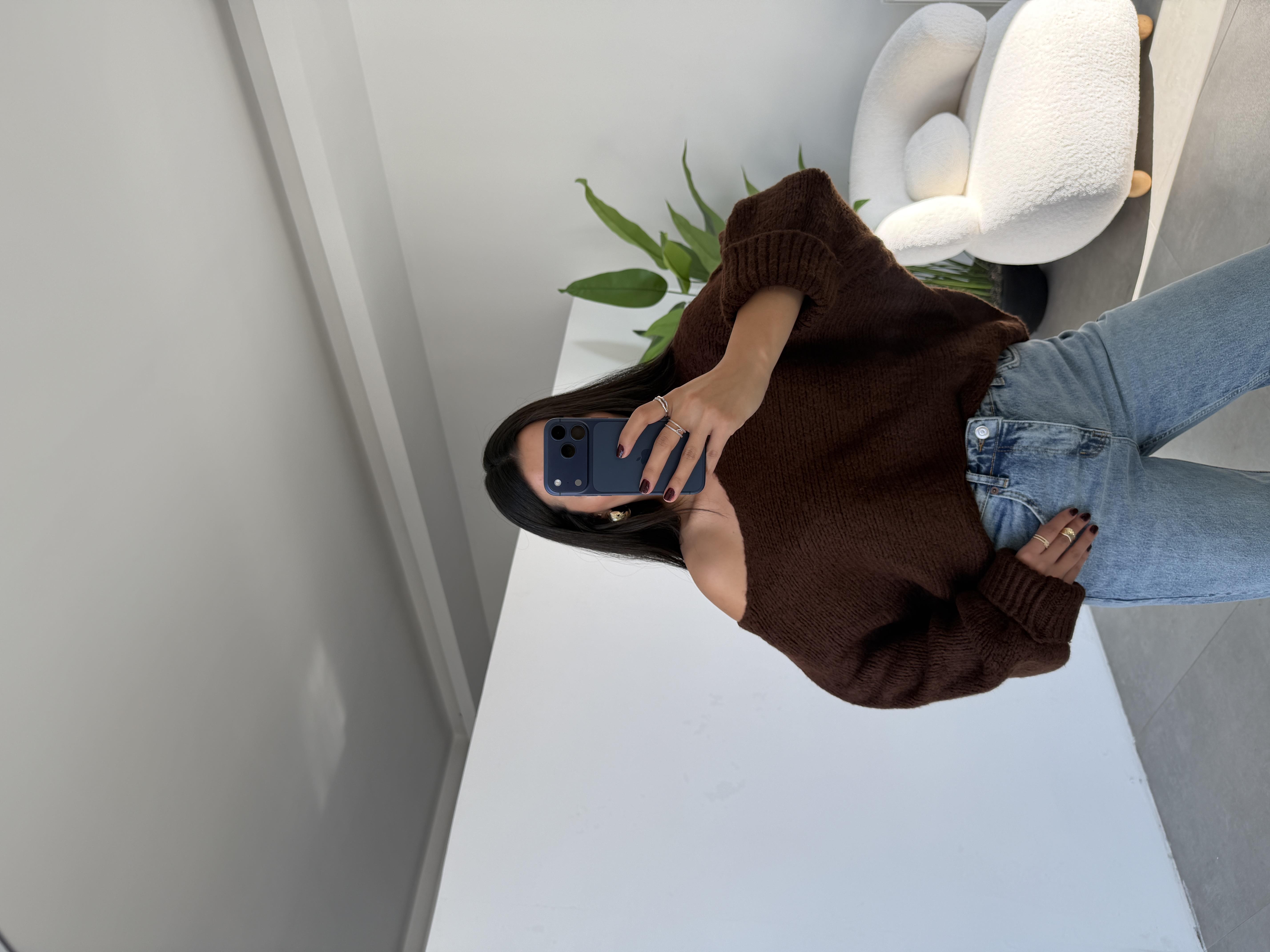 Kahve Kolları Katlamalı Triko Kazak