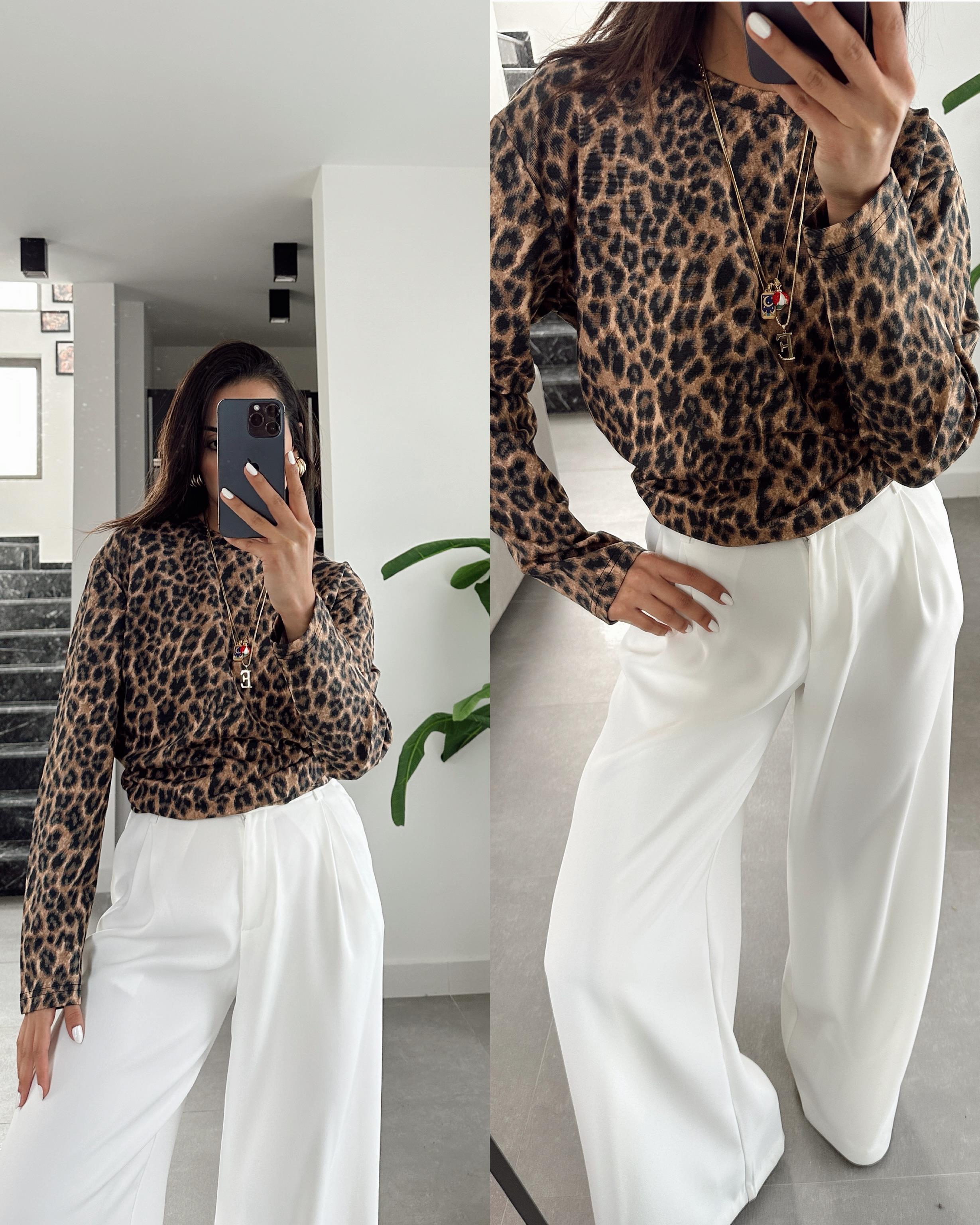 Kahve Leopar Uzun Kol Tişört