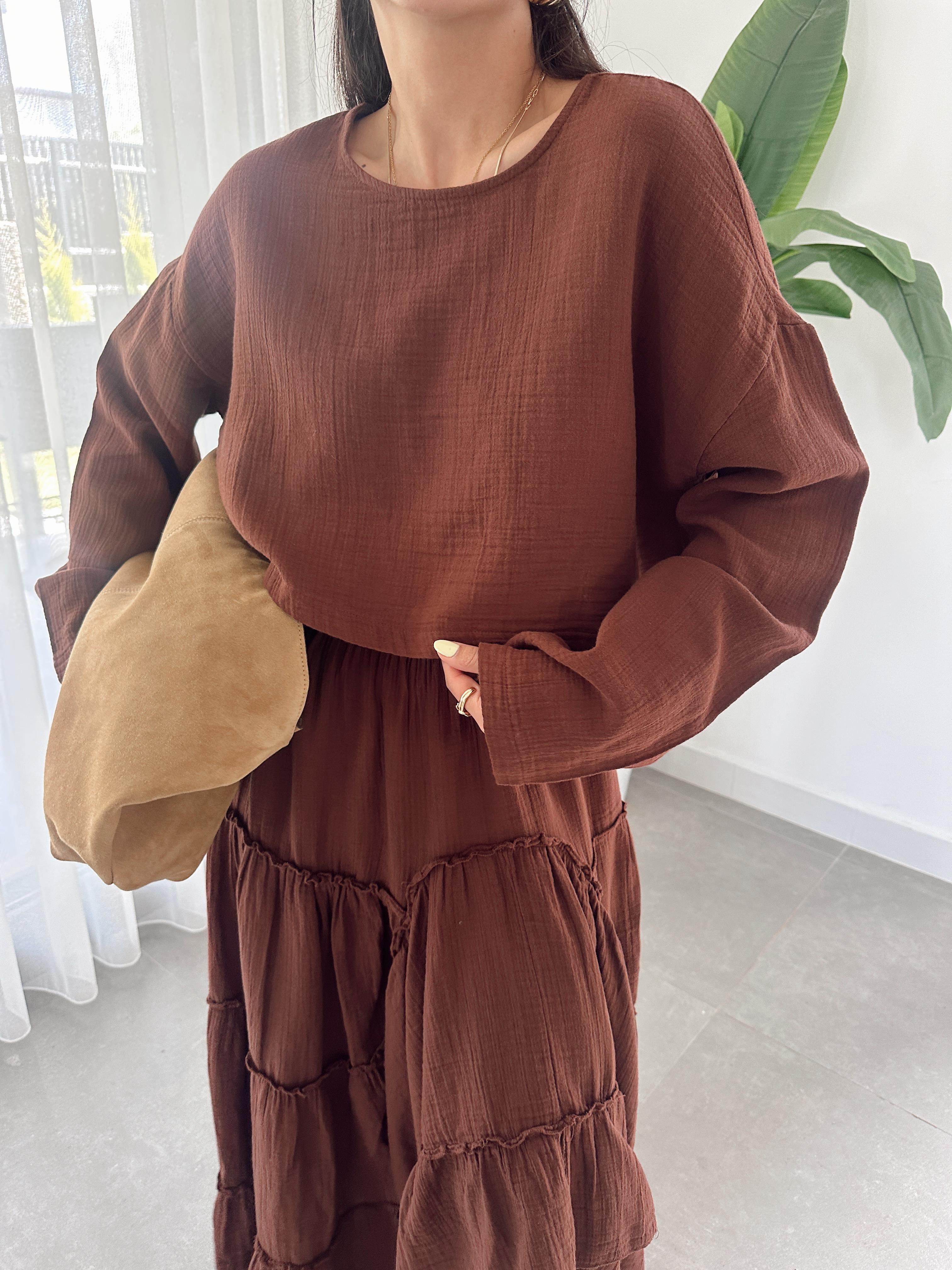 Kahve Müslin Uzun Kollu Bluz