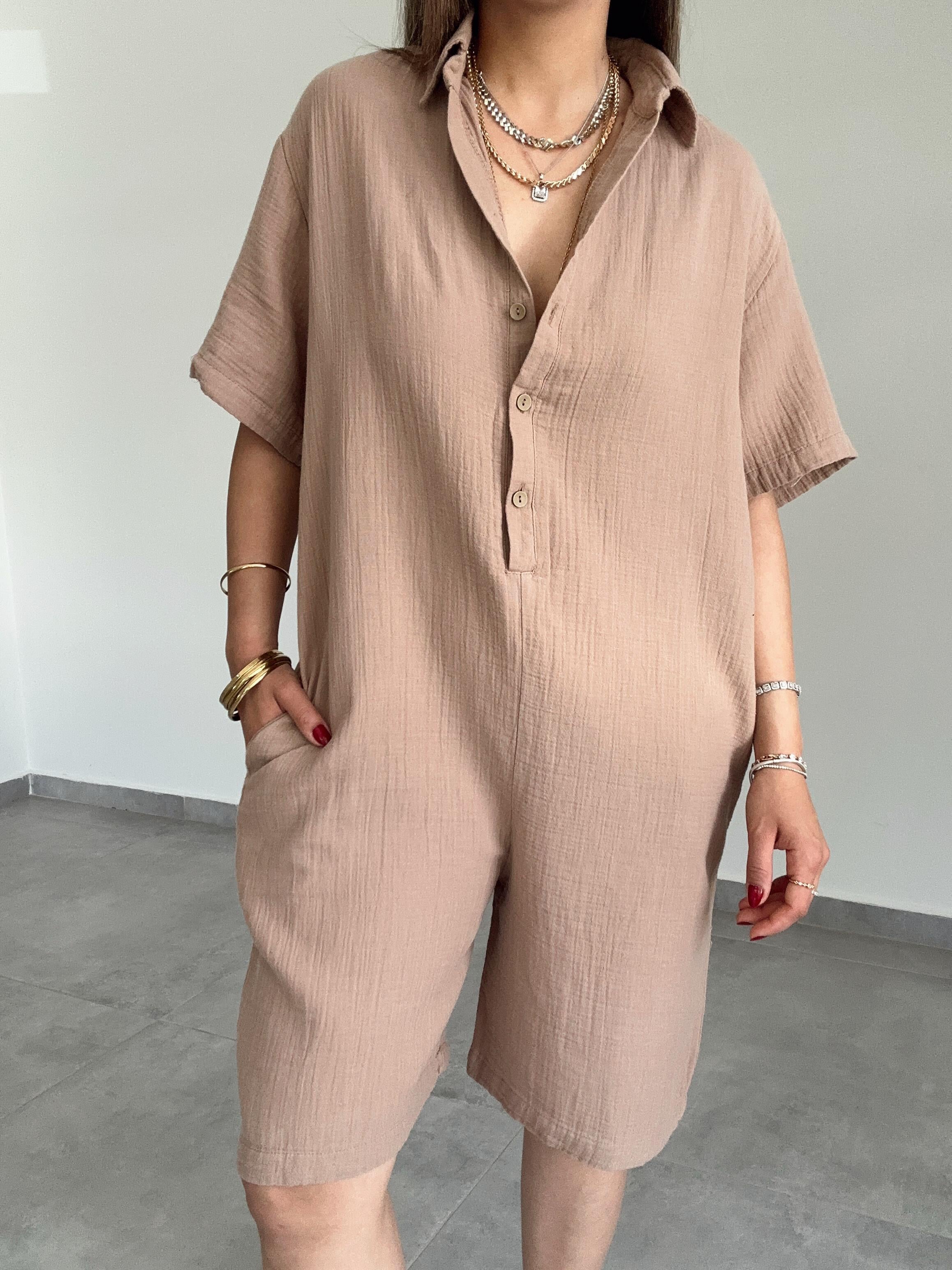 Kahve Müslin Yakalı Tulum