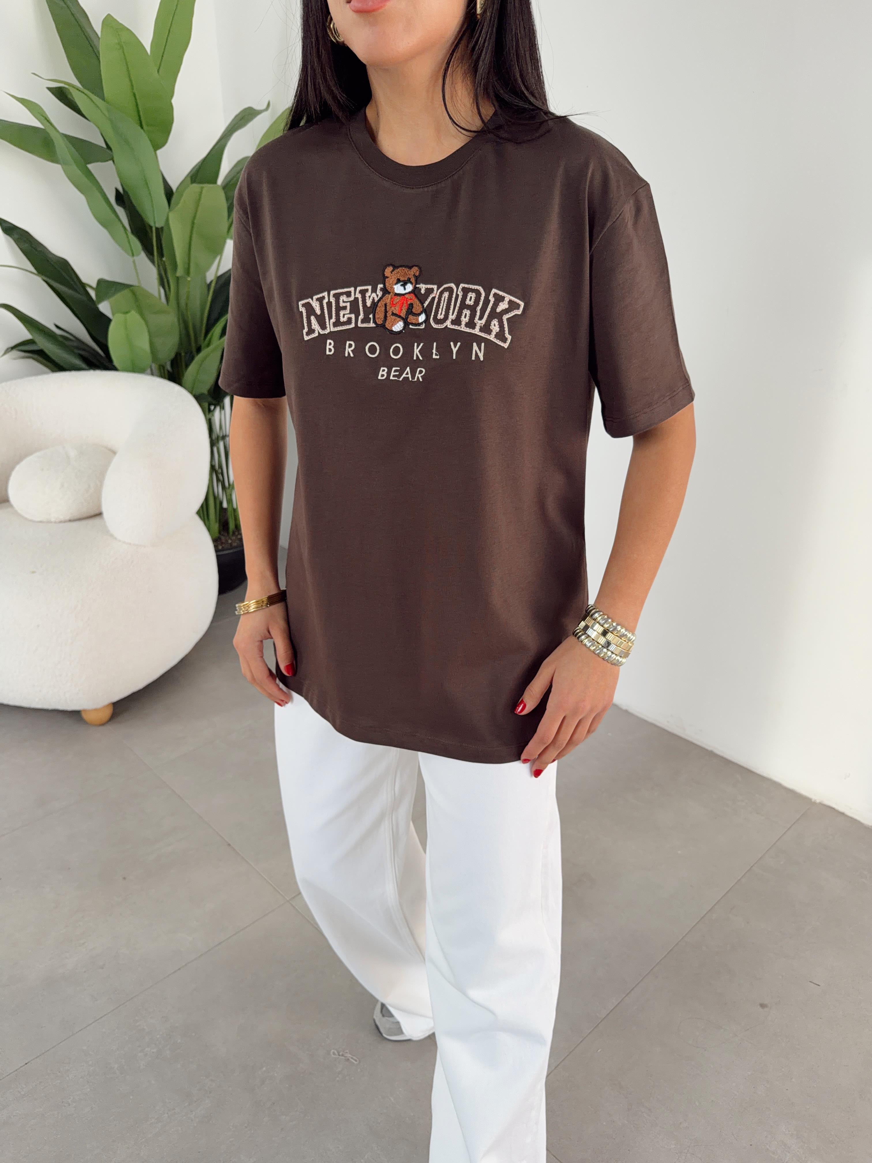 Kahve Ny Teddy Nakışlı Bisiklet Yaka Tshirt