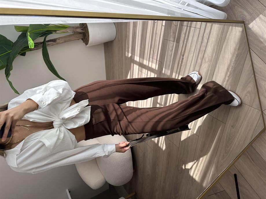 Kahve Önden Dikiş Detaylı Kumaş Palazzo Pantolon
