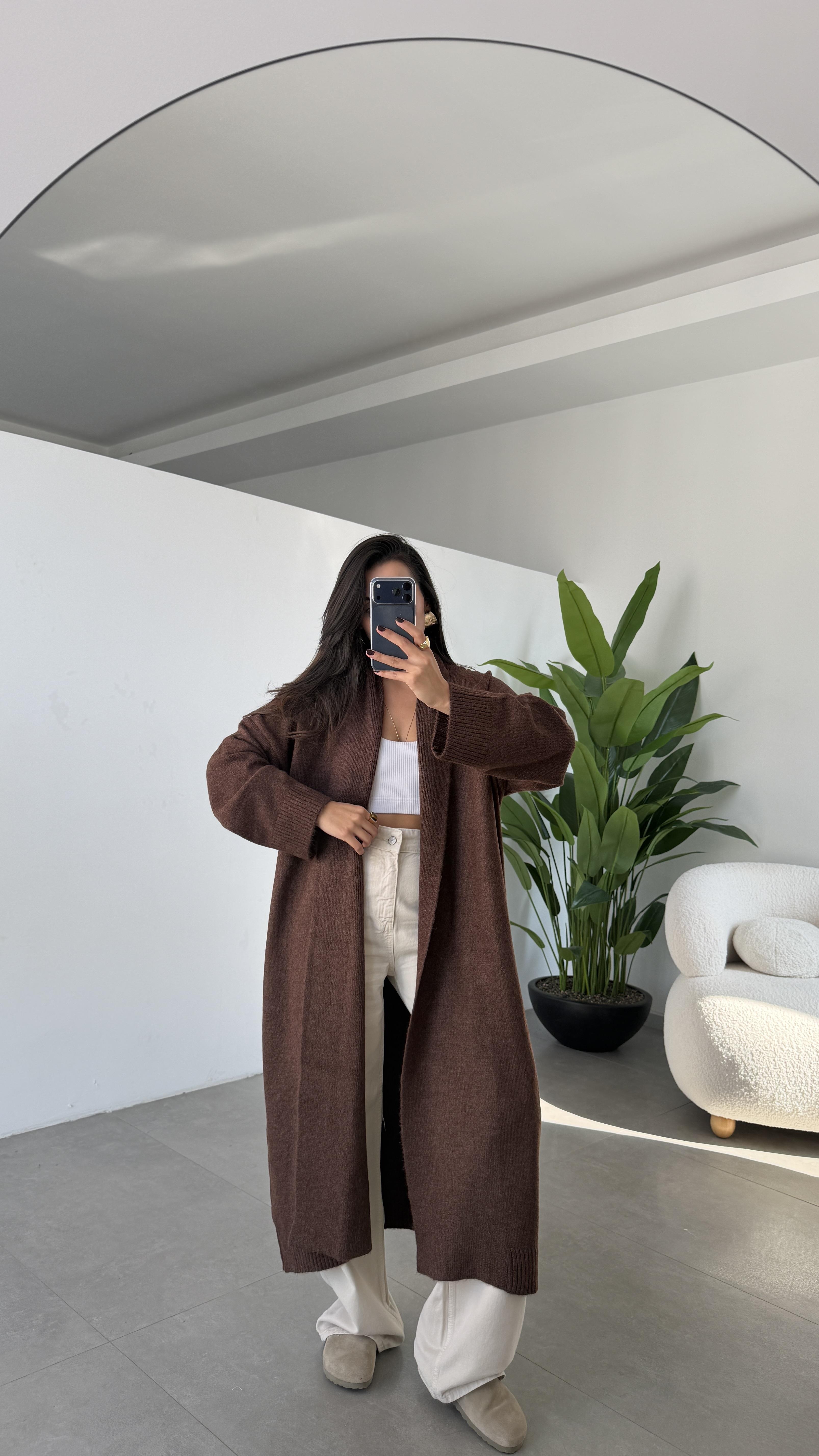 Kahve Önü Açık Şal Yaka Hırka