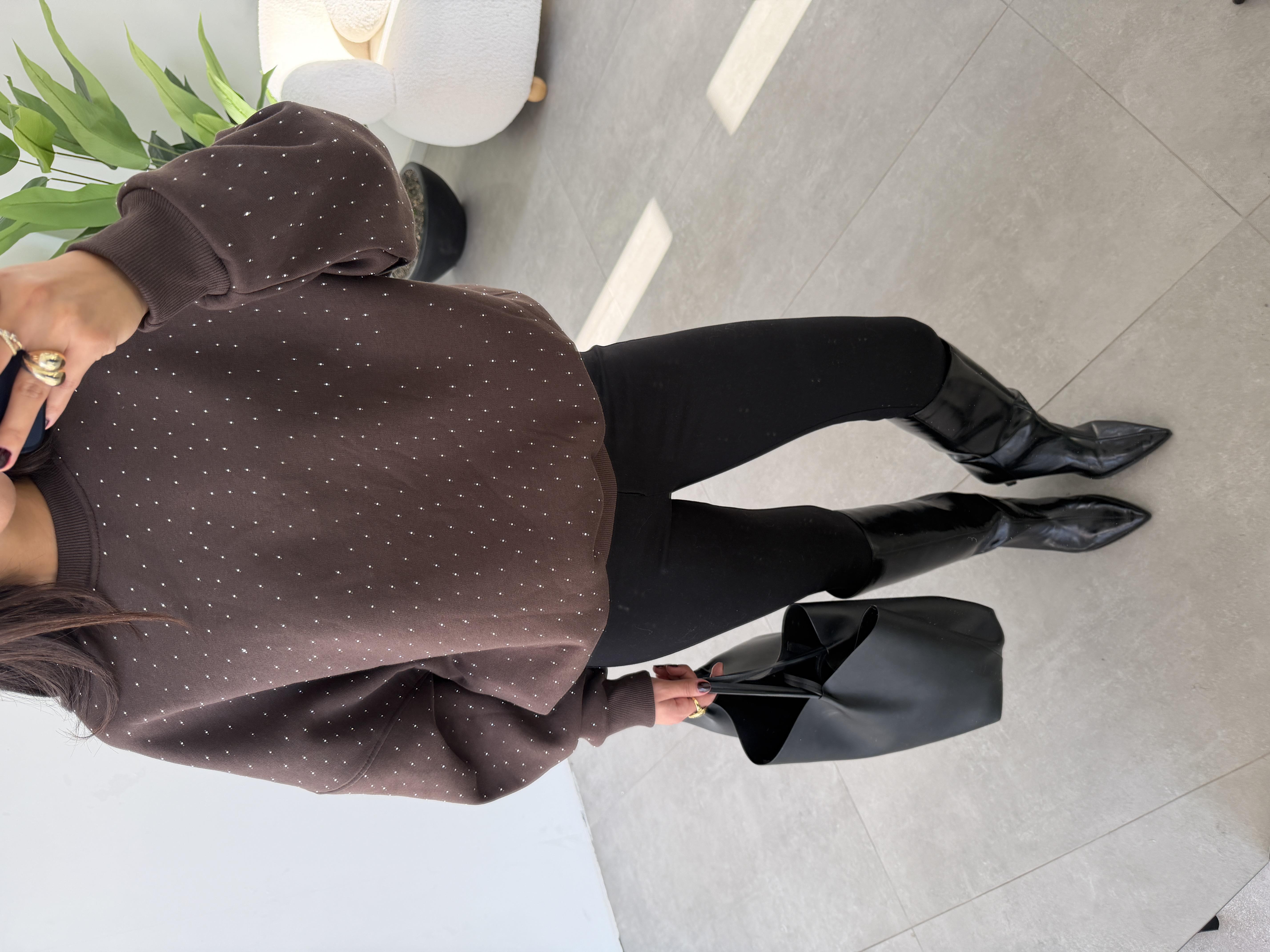 Kahve Oversize Taşlı Sweatshirt