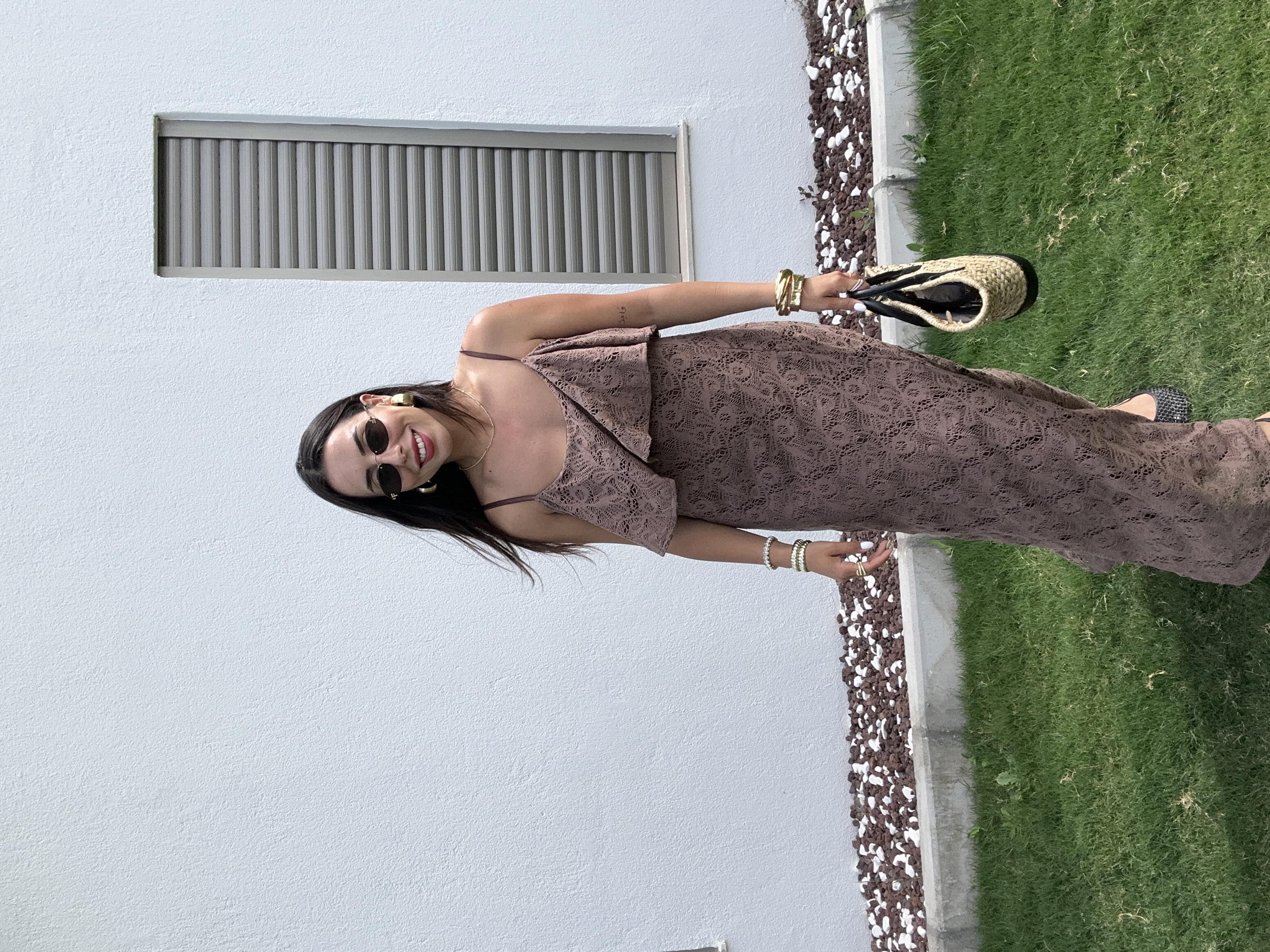 Kahve Pamuk Dantel Askılı Elbise