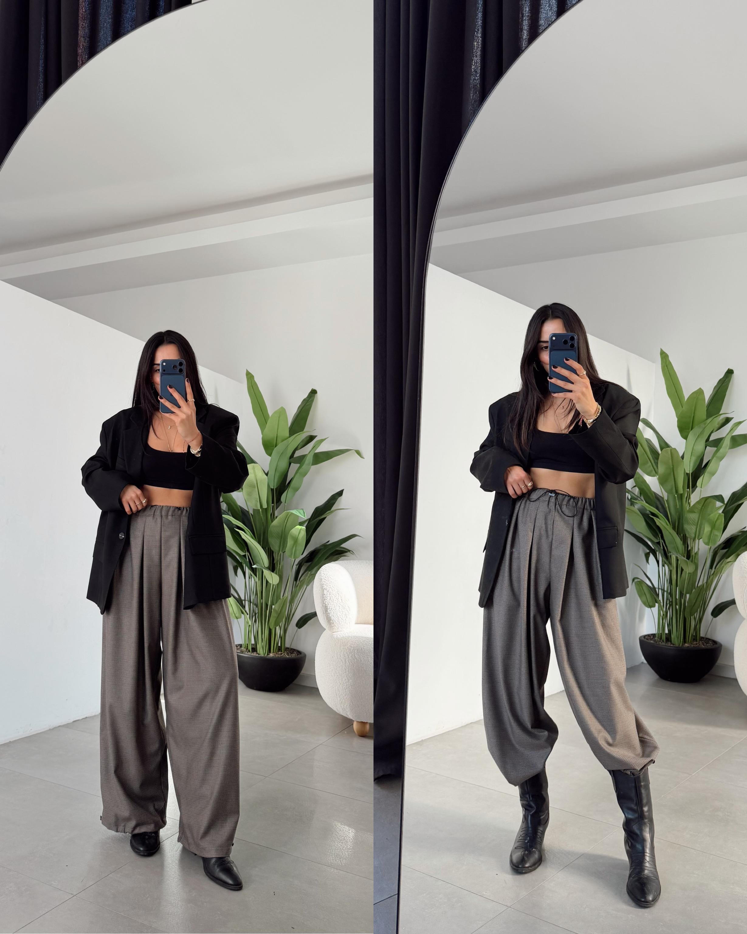 Kahve Pötikareli Bel Ve Paça Lastik Detaylı Pantolon