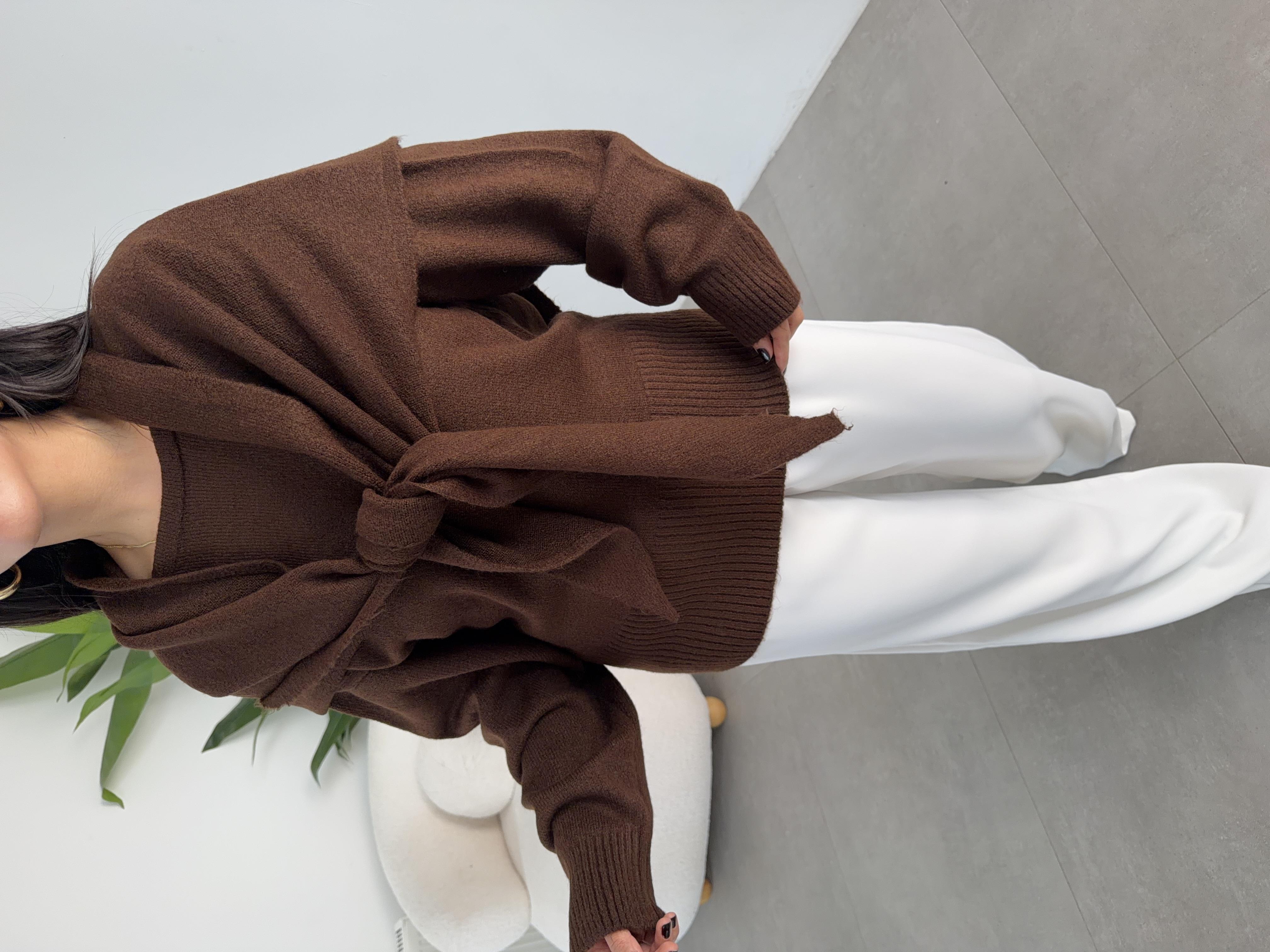 Kahve Şal Detaylı Triko Kazak