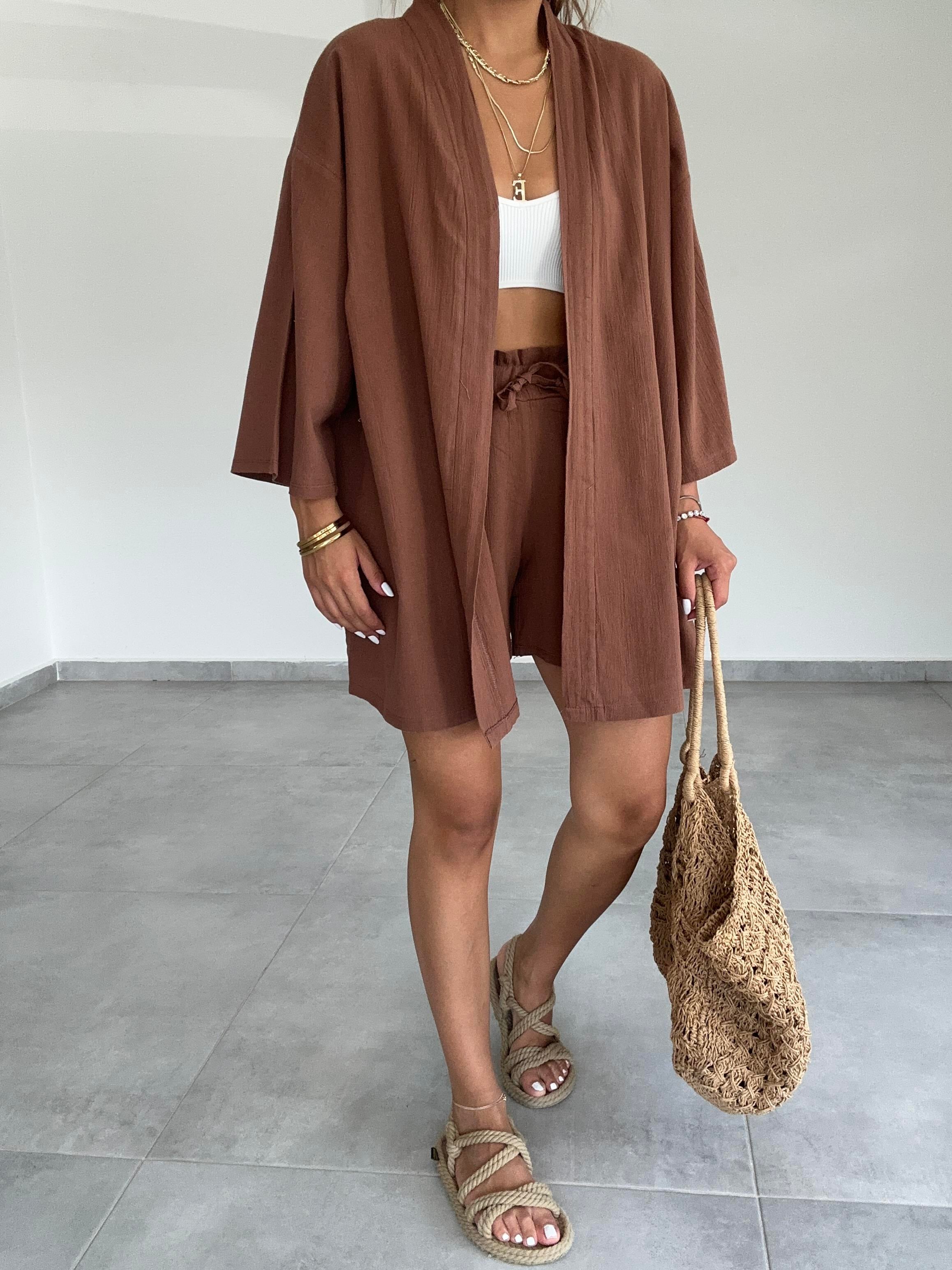 Kahve Şile Şortlu Kimono Takım