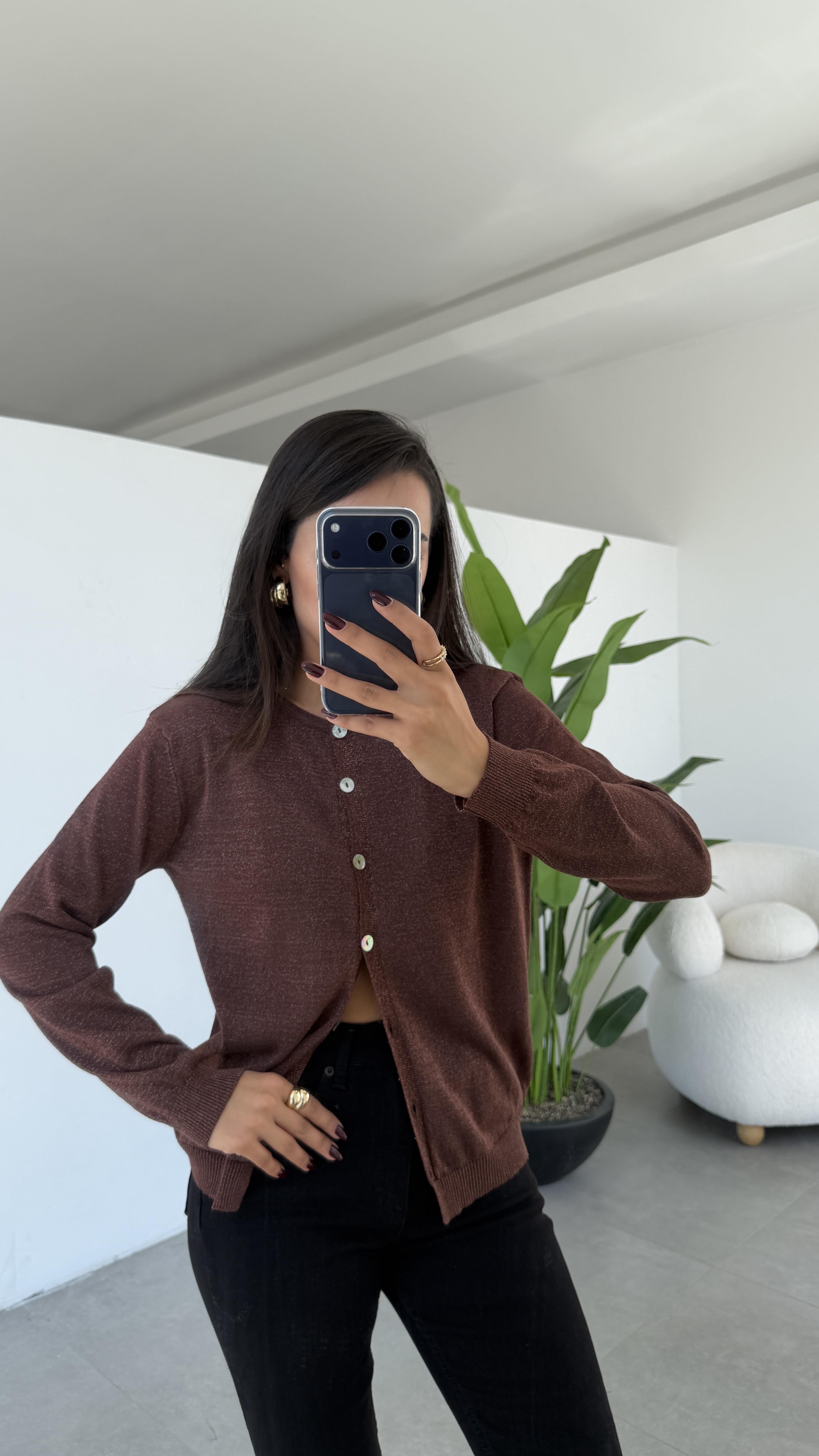 Kahve Simli Triko Hırka