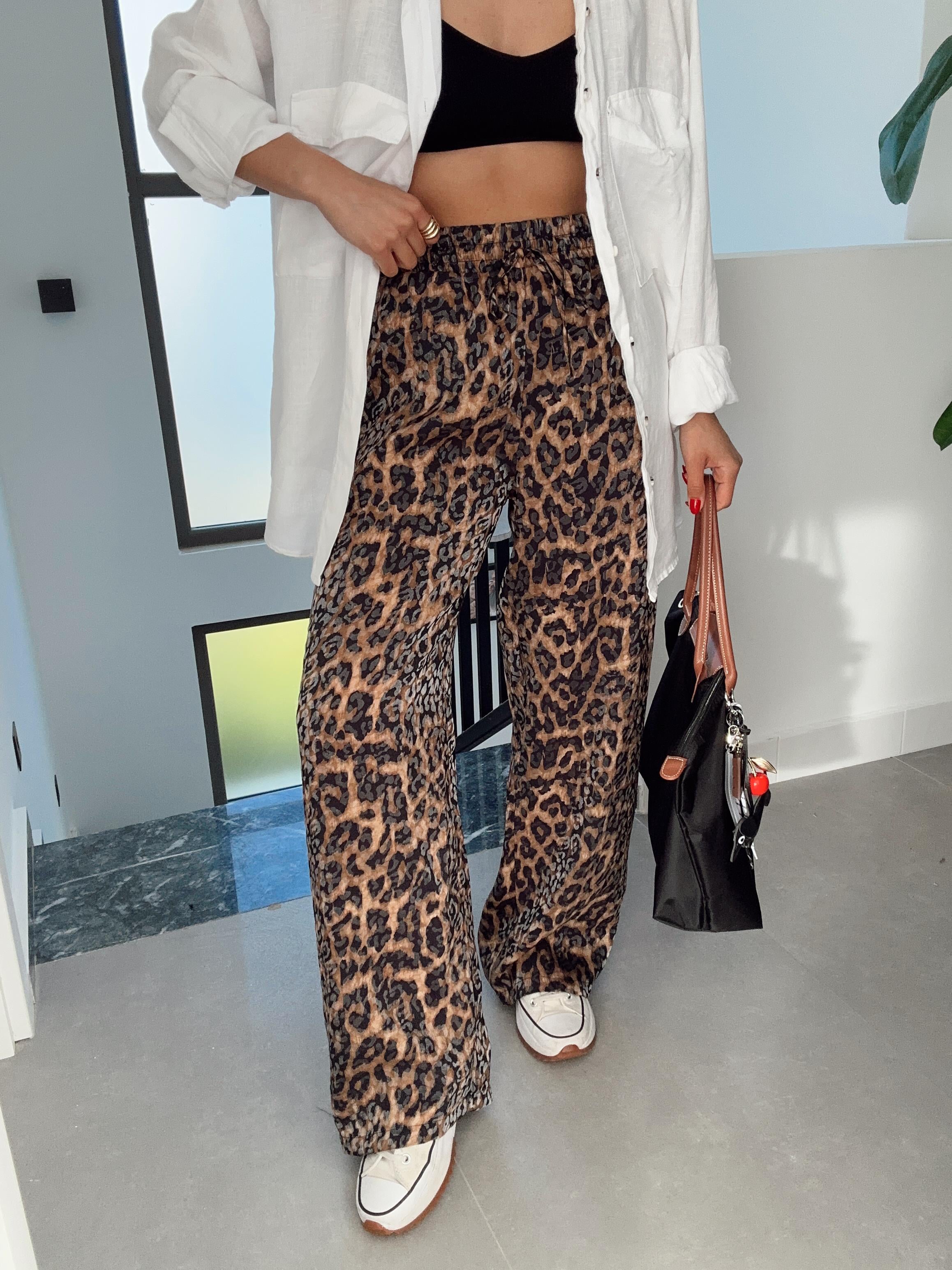 Kahve-Siyah Leopar Bol Paça Pantolon