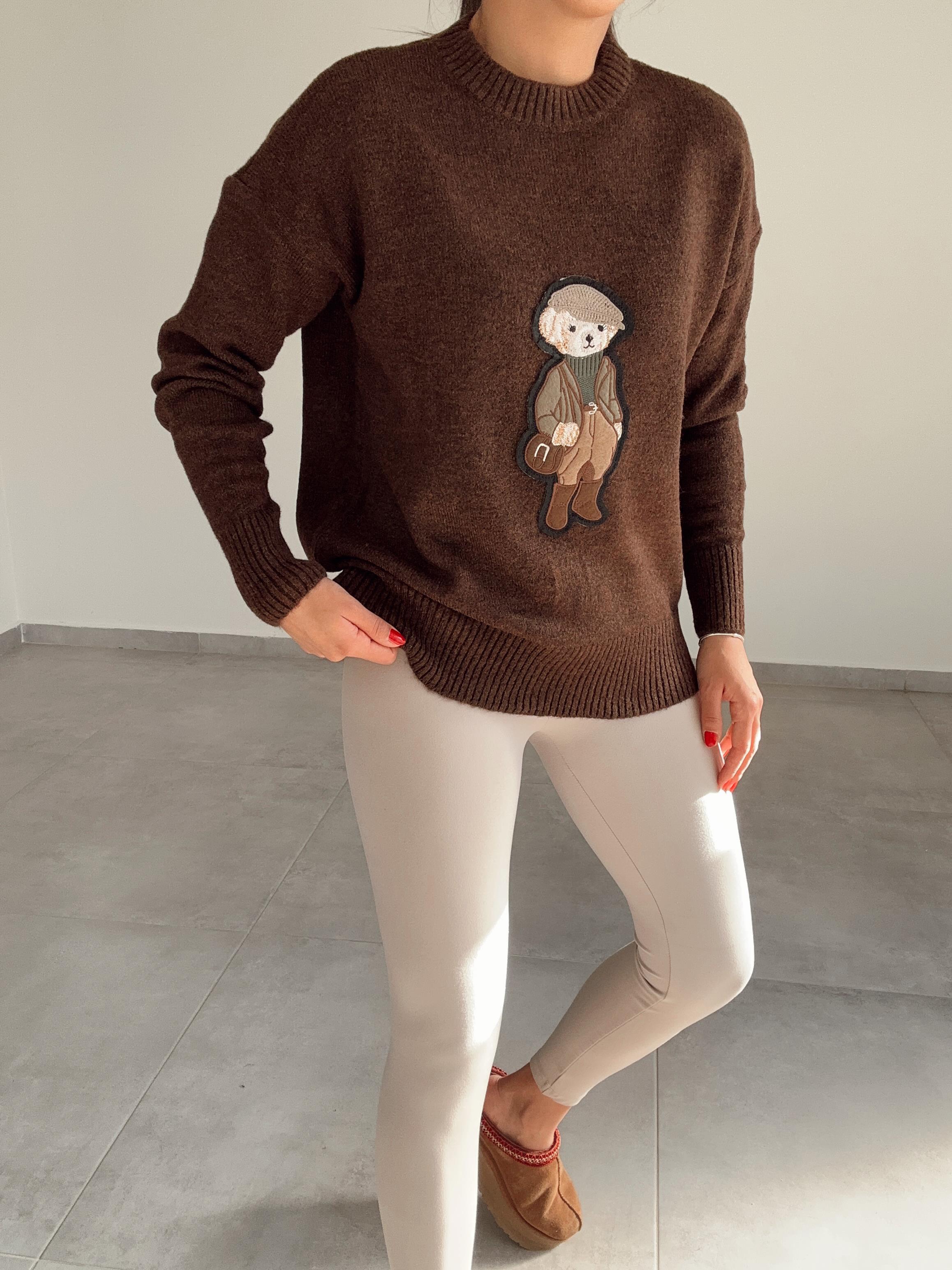 Kahve Tedy Nakışlı Triko Kazak