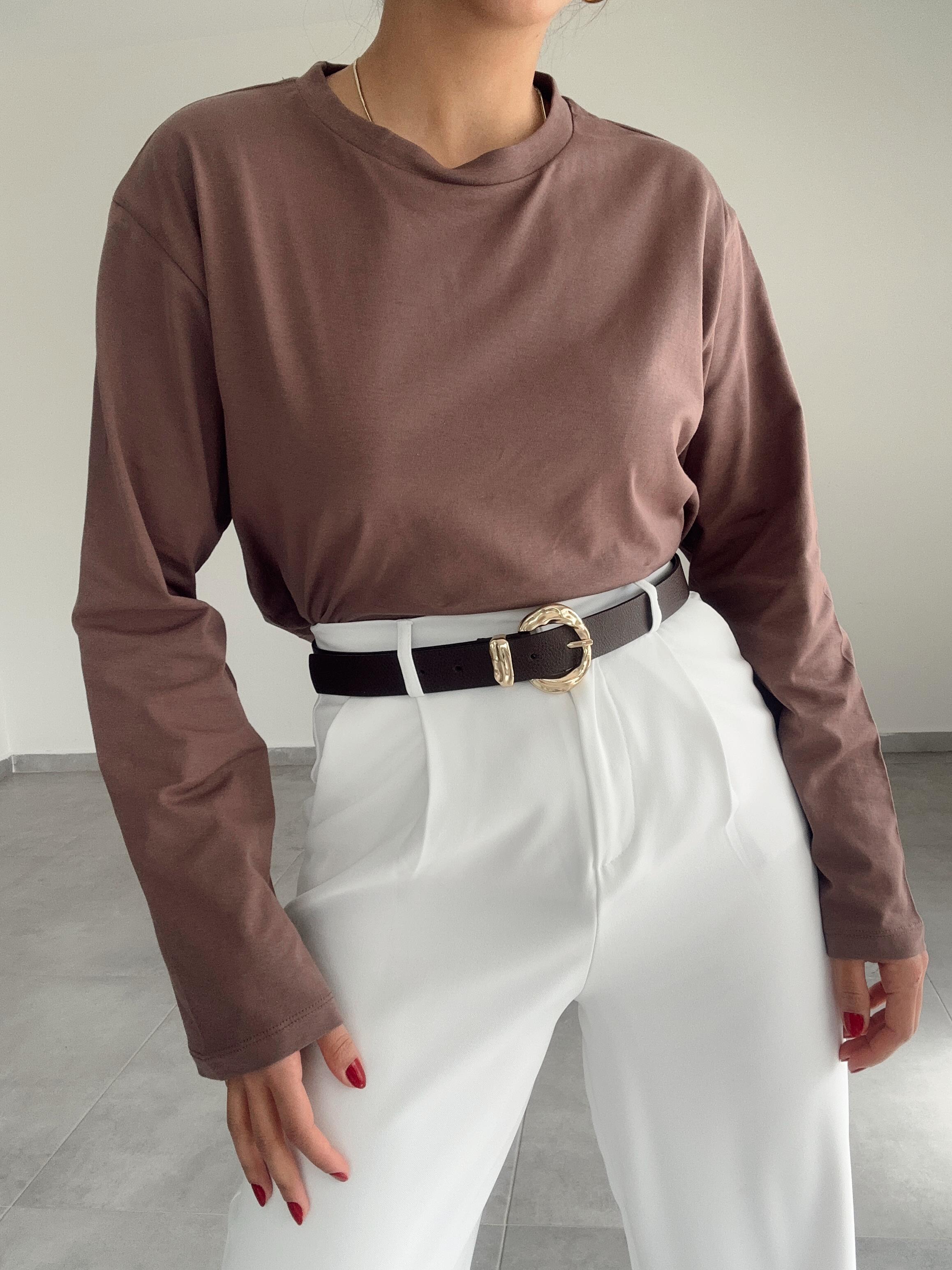 Kahve Uzun Kollu Crop Tişört