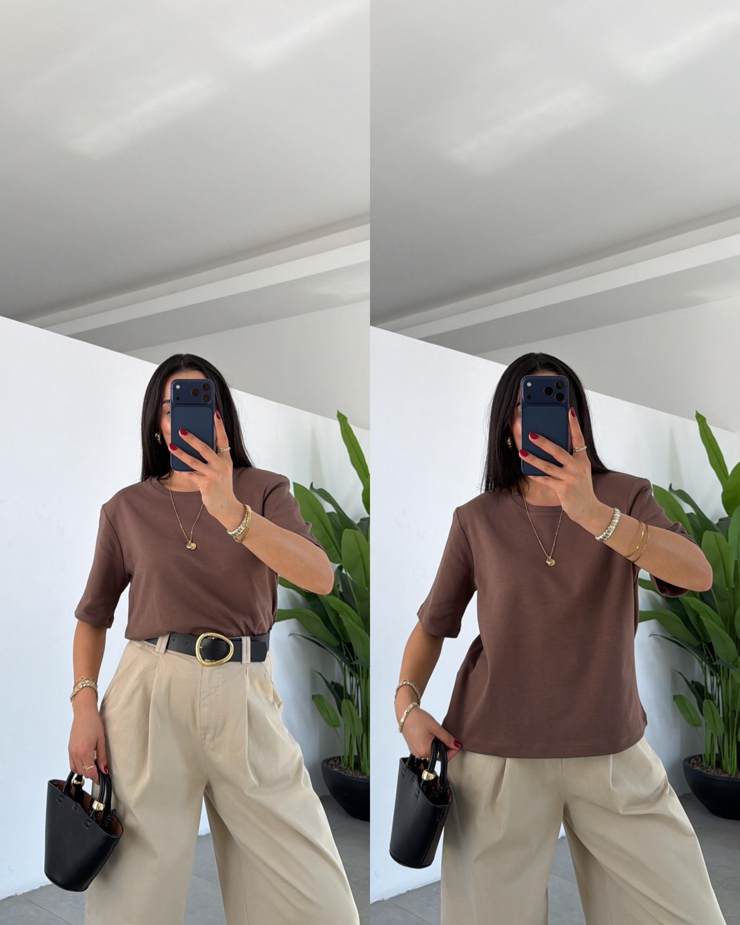 Kahve Vatkalı Basic Yaka Tshirt