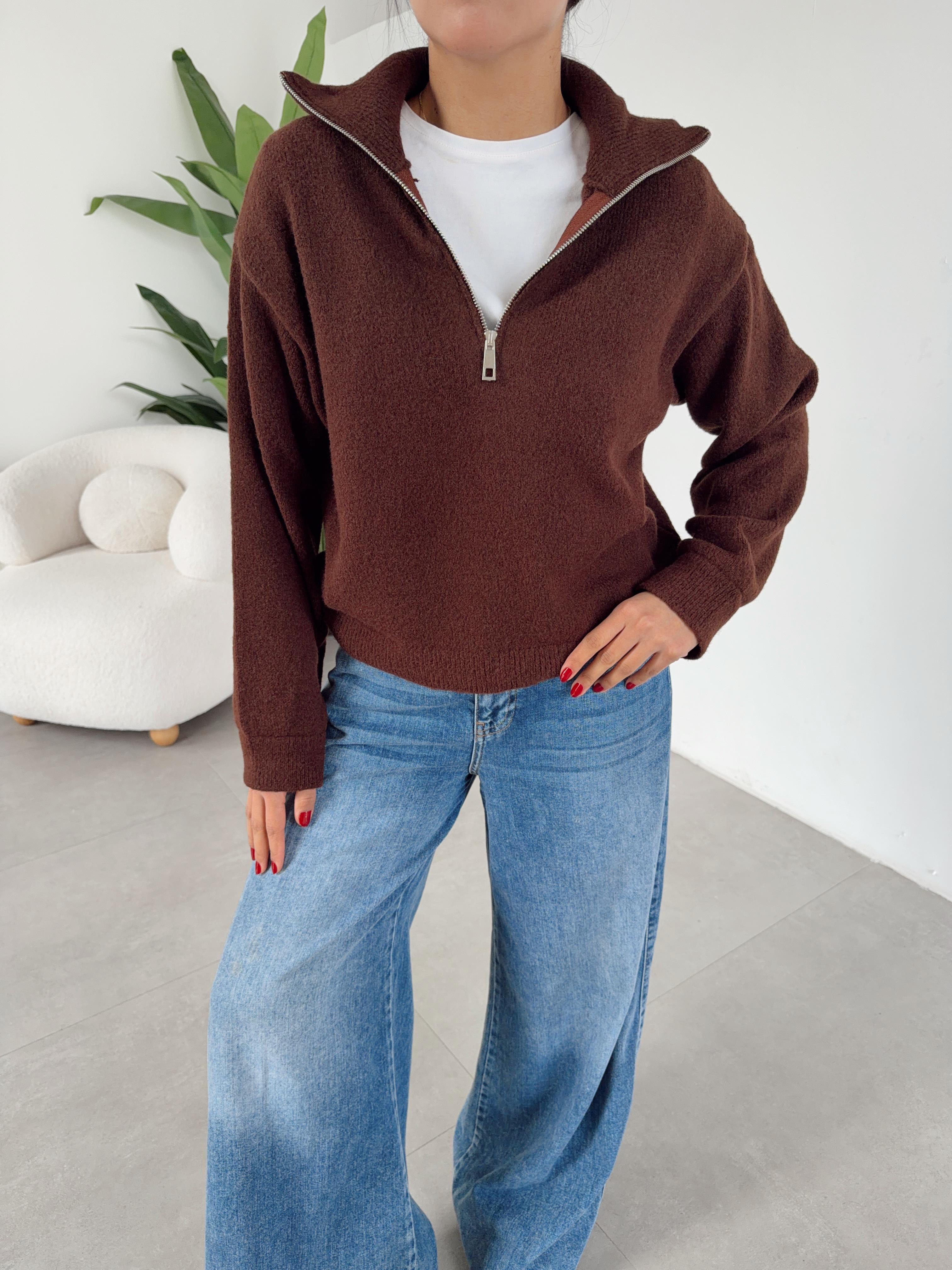 Kahve Yakası Fermuarlı Triko Kazak