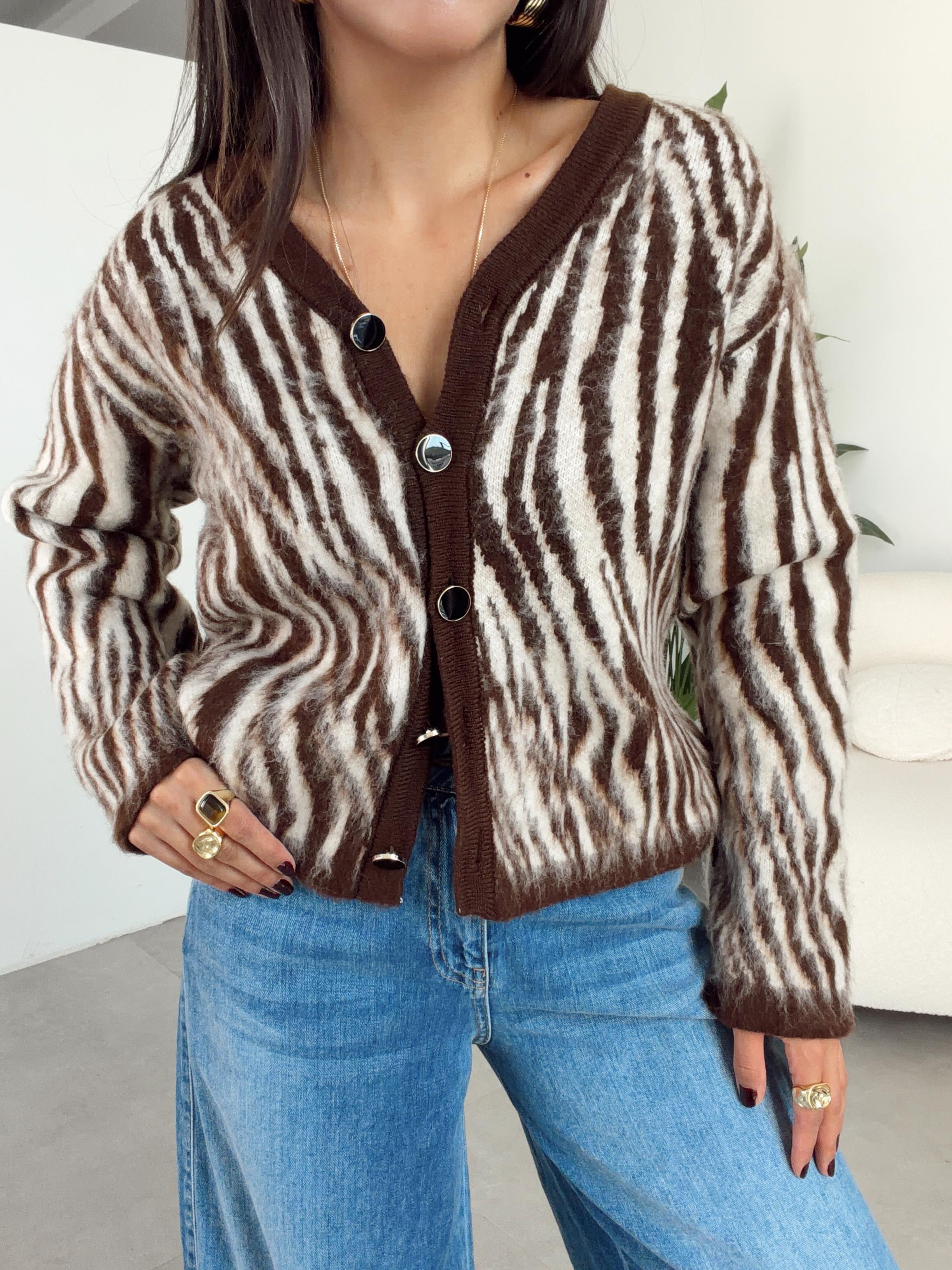 Kahve Zebra Desen Hırka