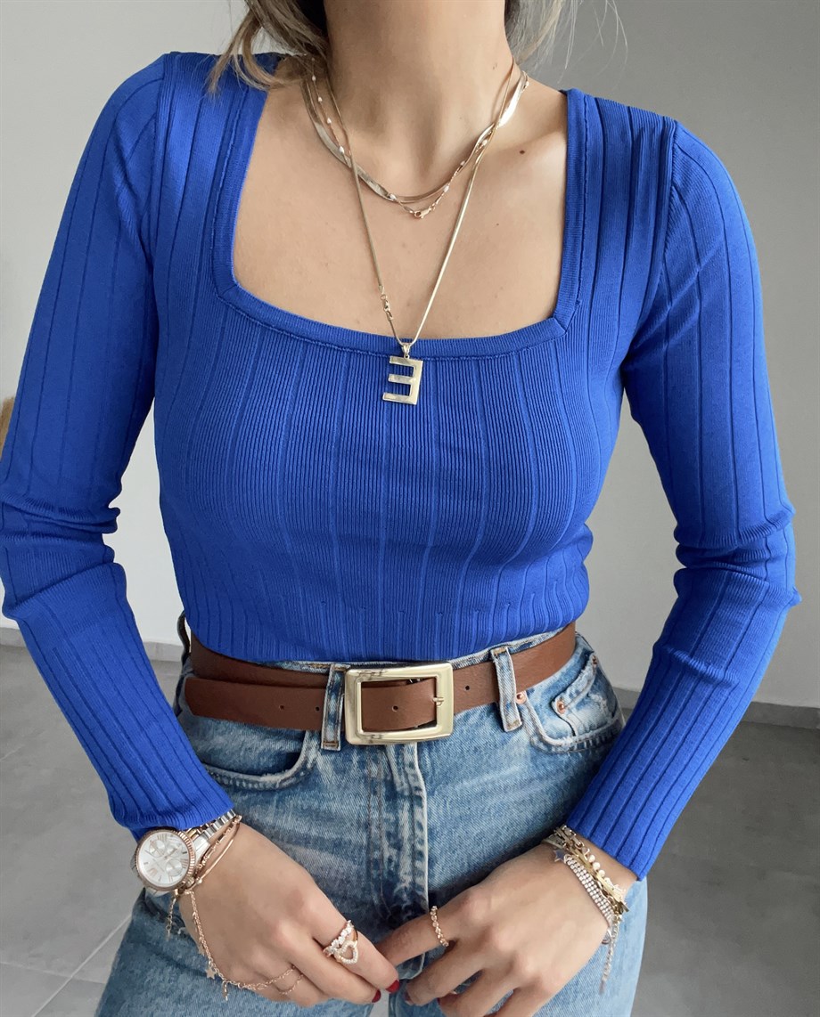 Kare Yaka Fitilli Saks Triko Kazak