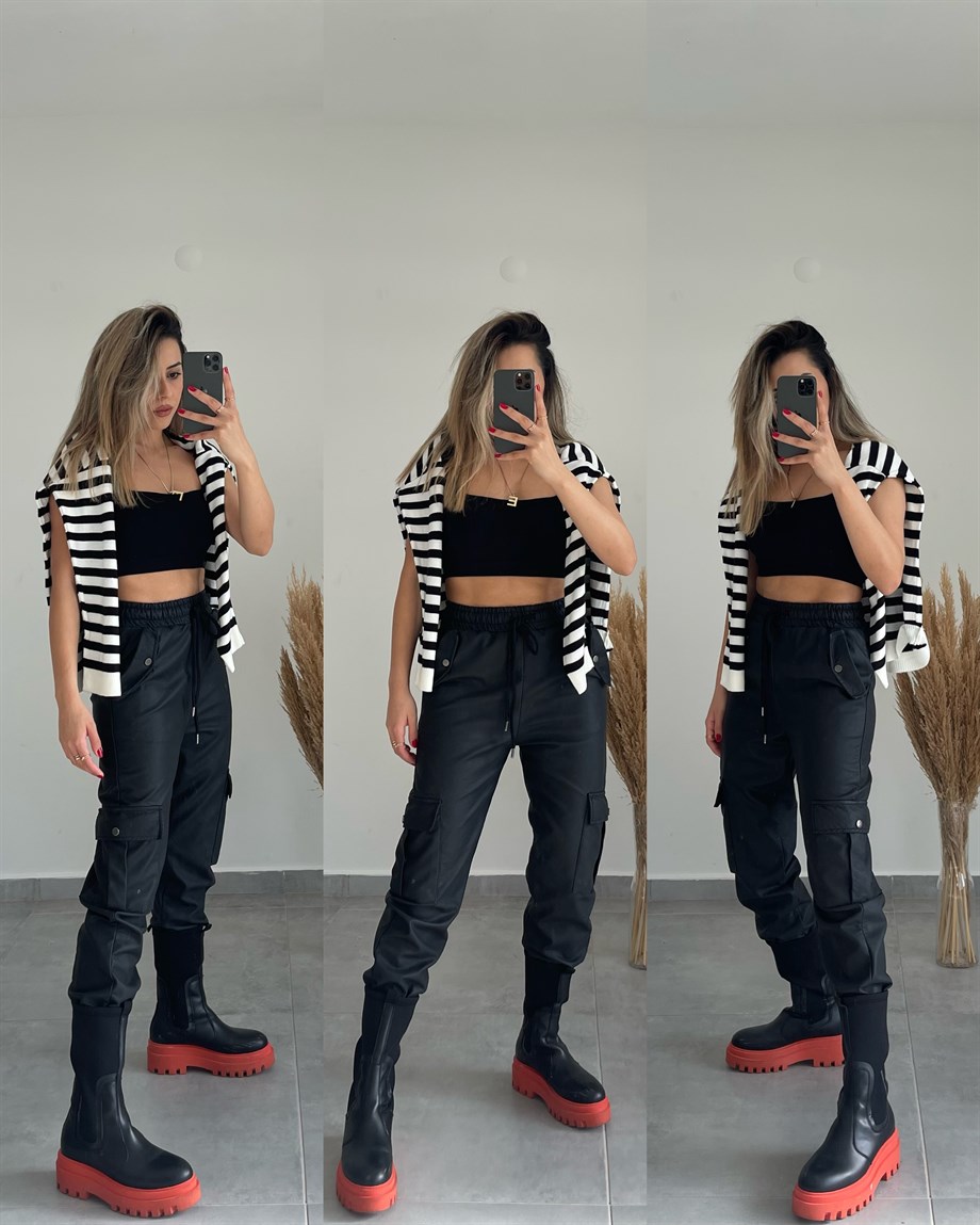 Kargo Cepli Siyah Deri Pantolon