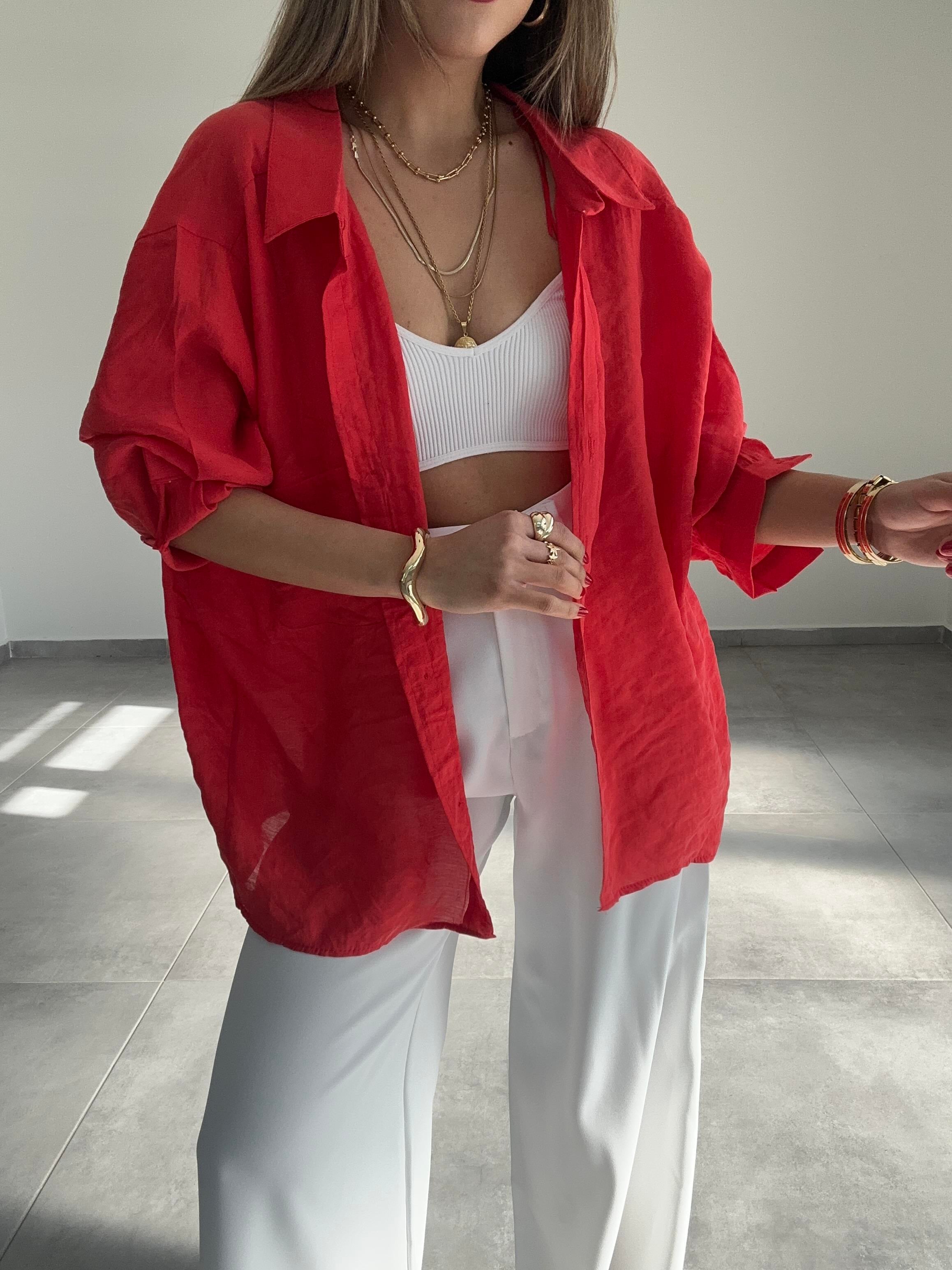 Kırmızı Düşük Omuz Oversize Gömlek