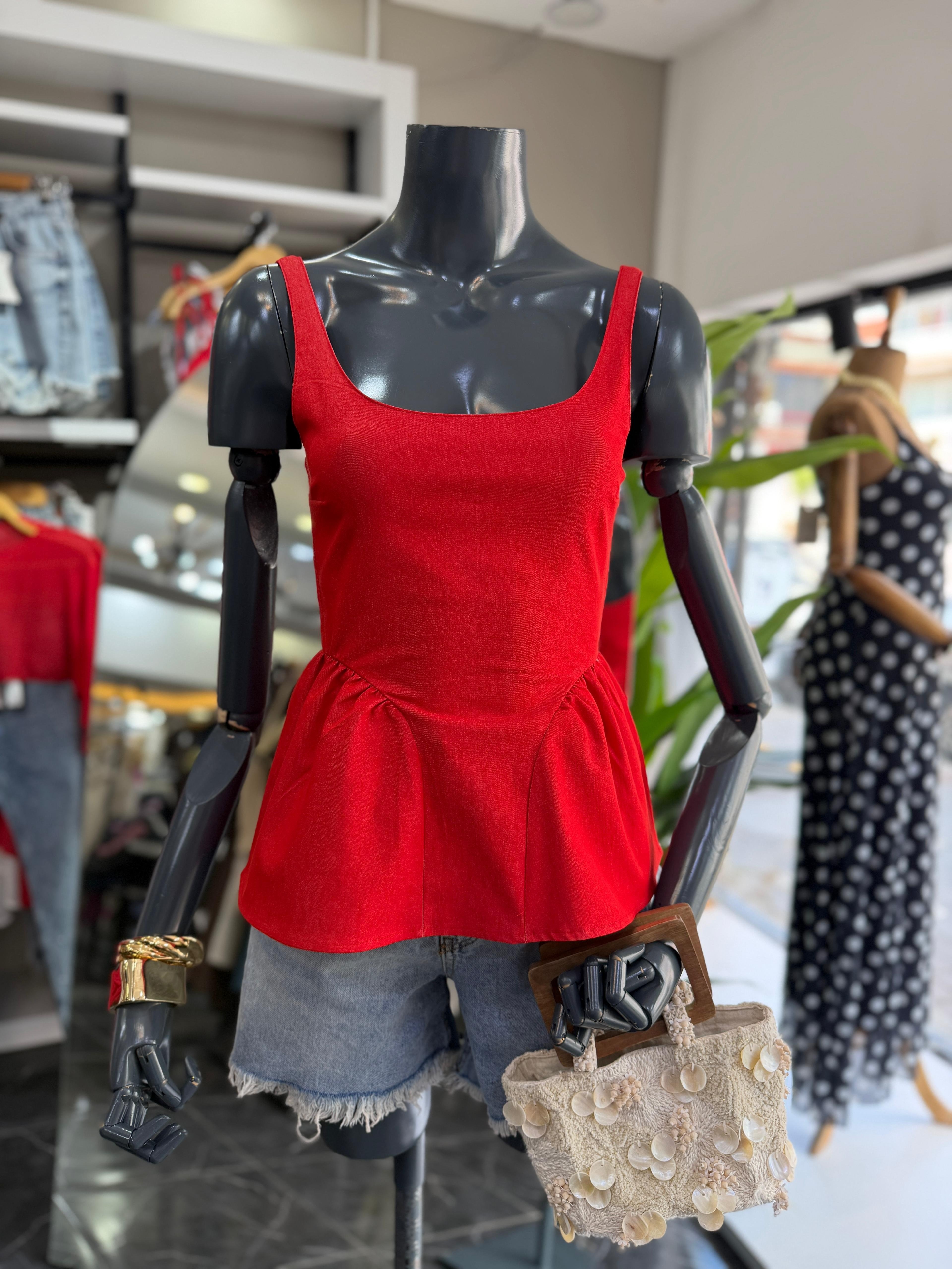 Kırmızı Eteği Balon Detaylı Bluz