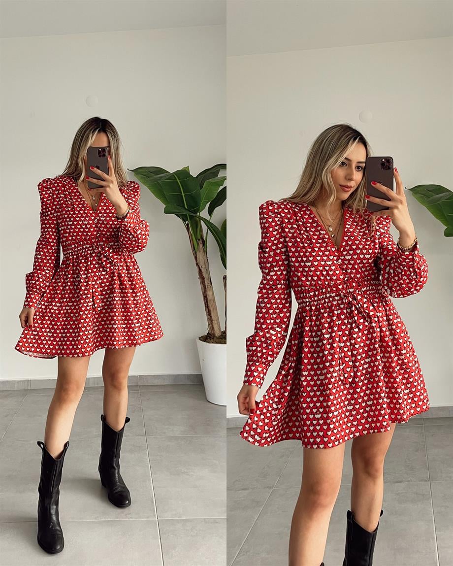 Kırmızı Kalp Desenli Elbise