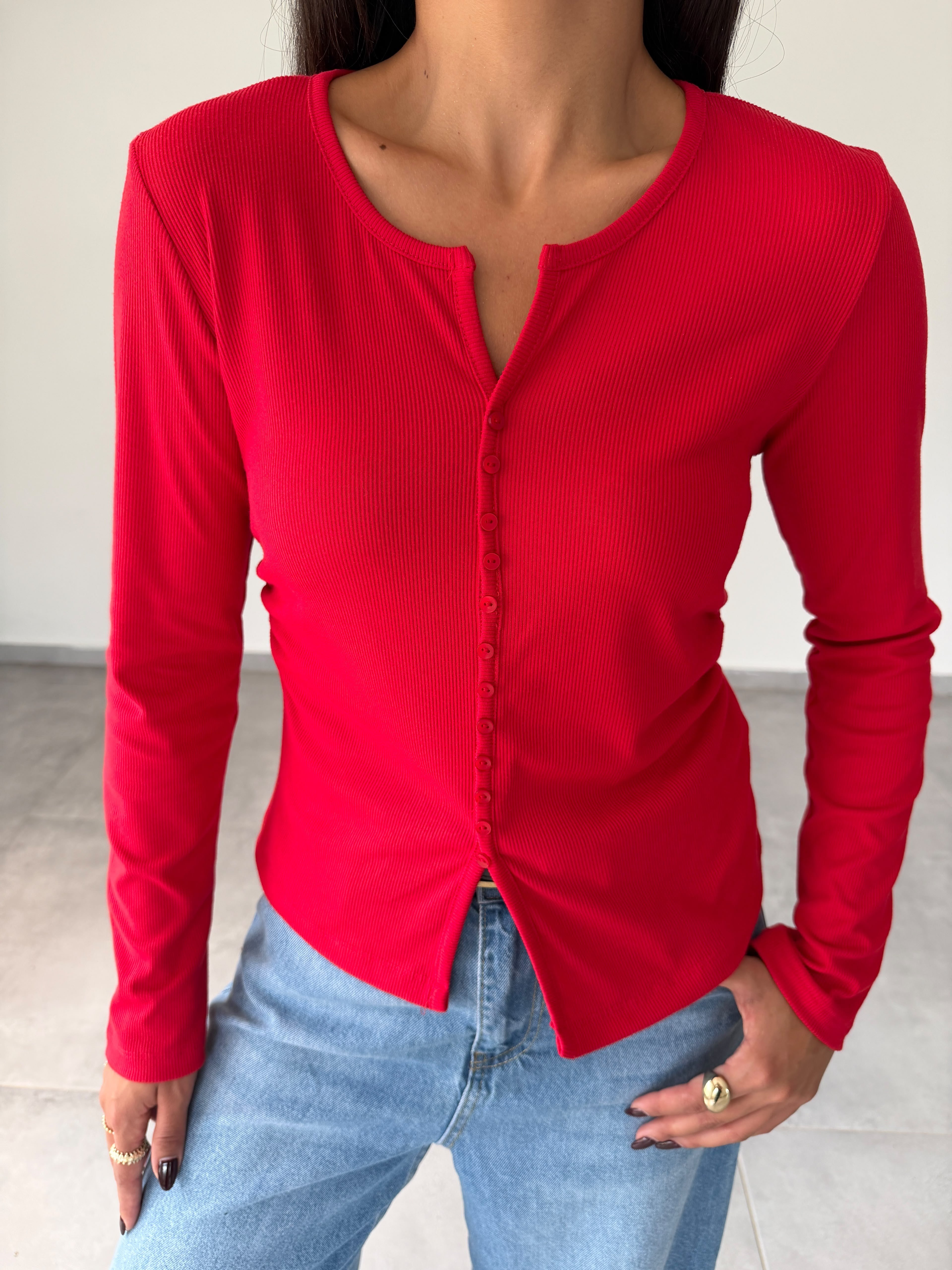 Kırmızı Kaşkorse V Yaka Önü Düğmeli Body