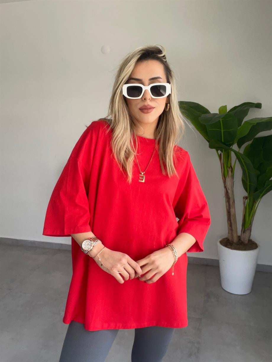 Kırmızı Oversize Düşük Omuzlu Tişört