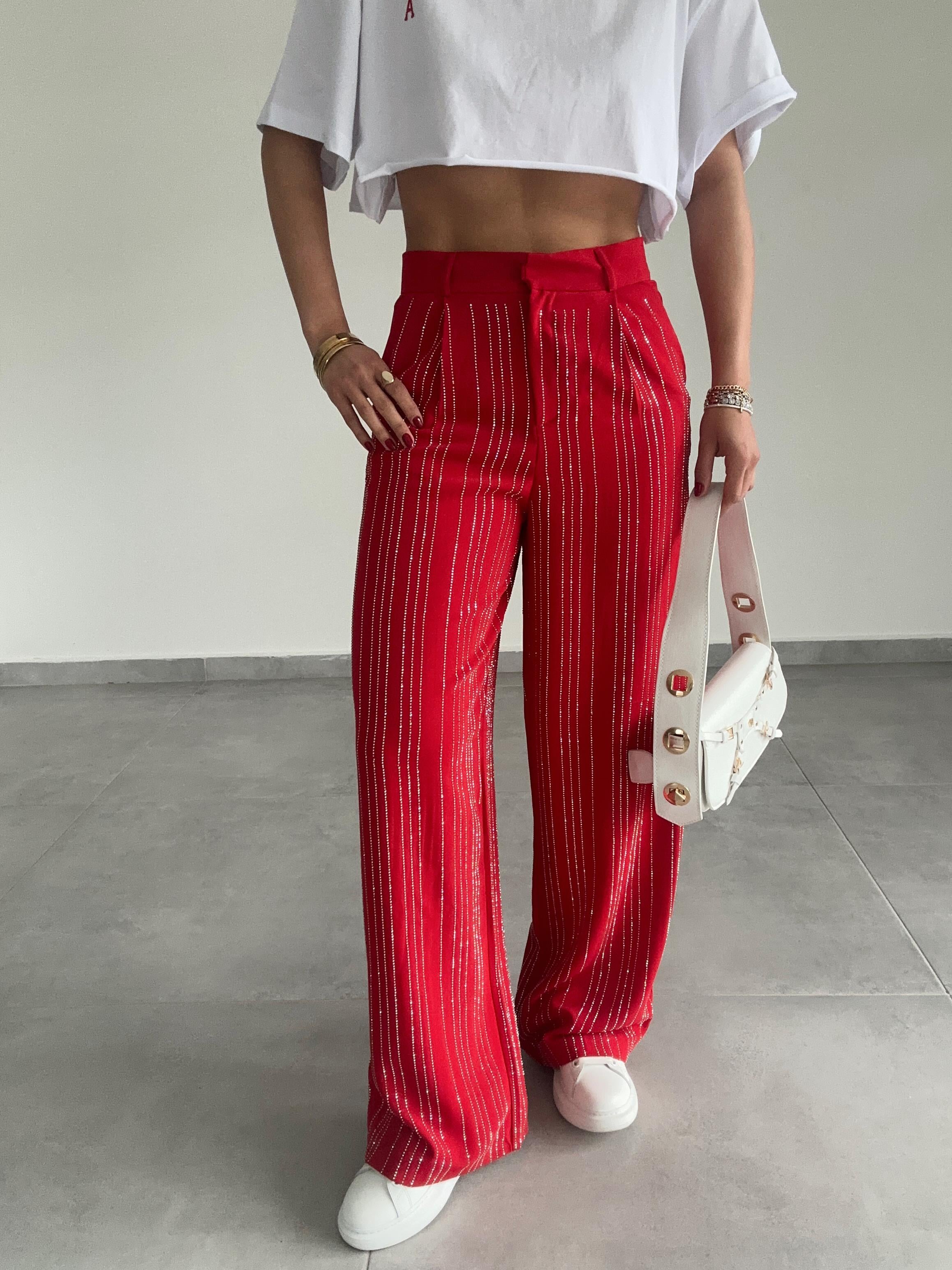 Kırmızı Taş İşlemeli Premium Palazzo