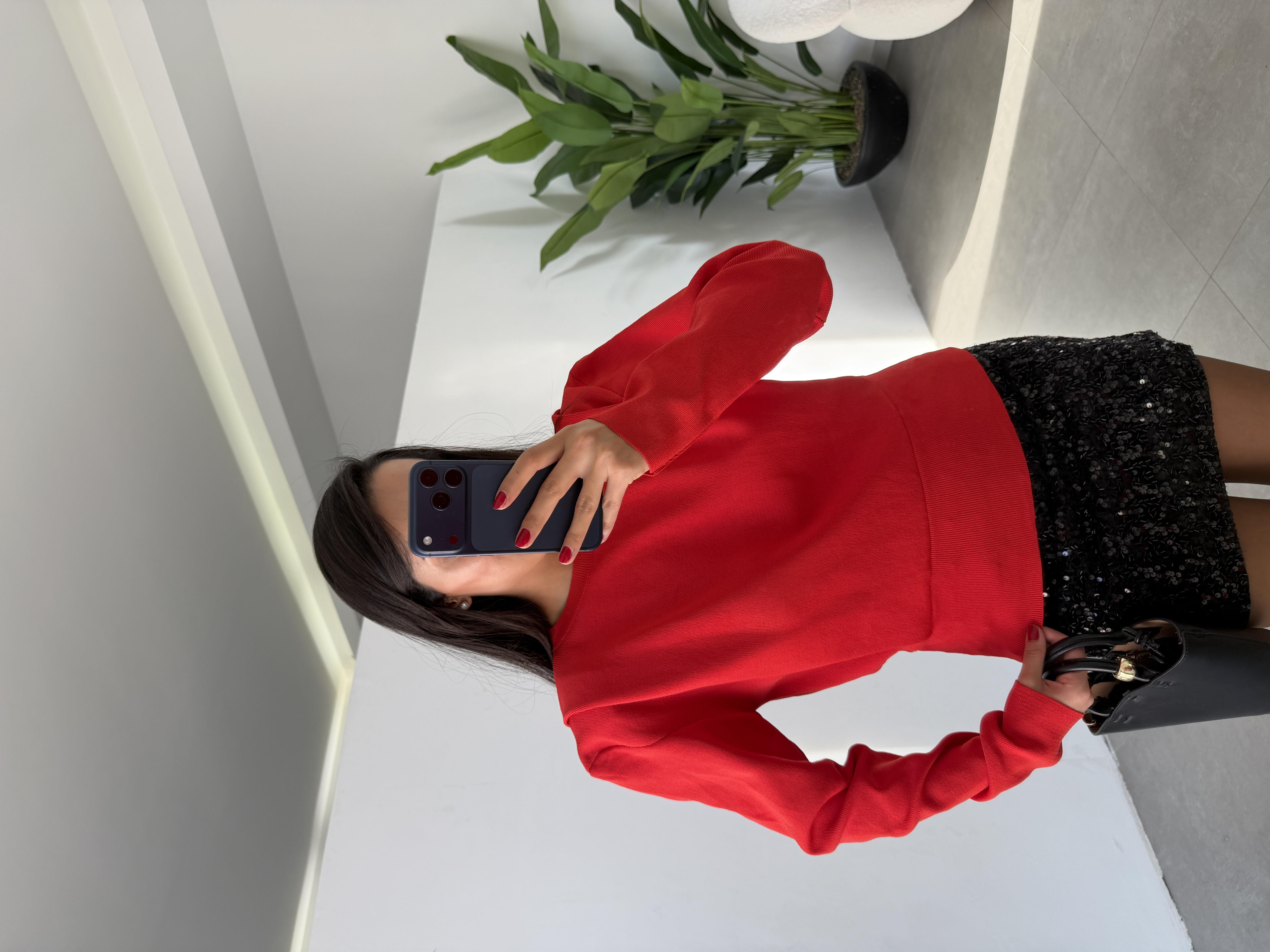 Kırmızı Vatkalı Triko Kazak