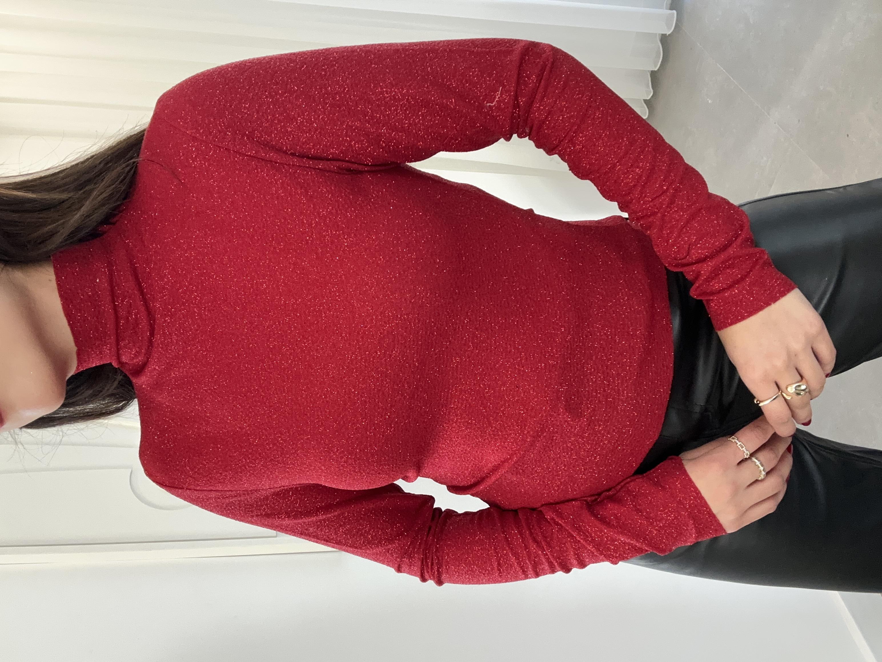 Kırmızı Yaım Balıkçı Simli Bluz