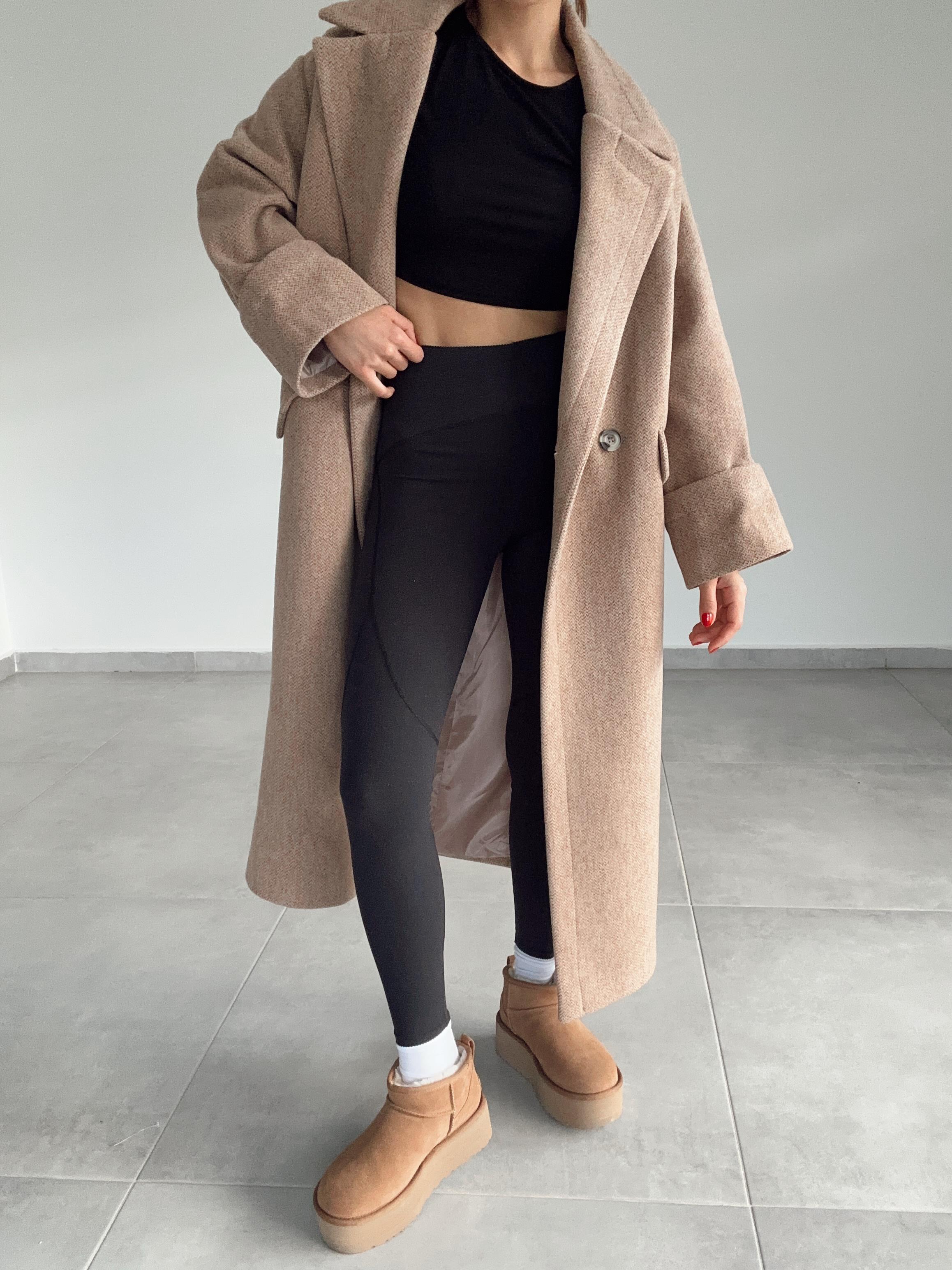 Koyu Bej Düğmeli Kruvaze Kaşe Kaban