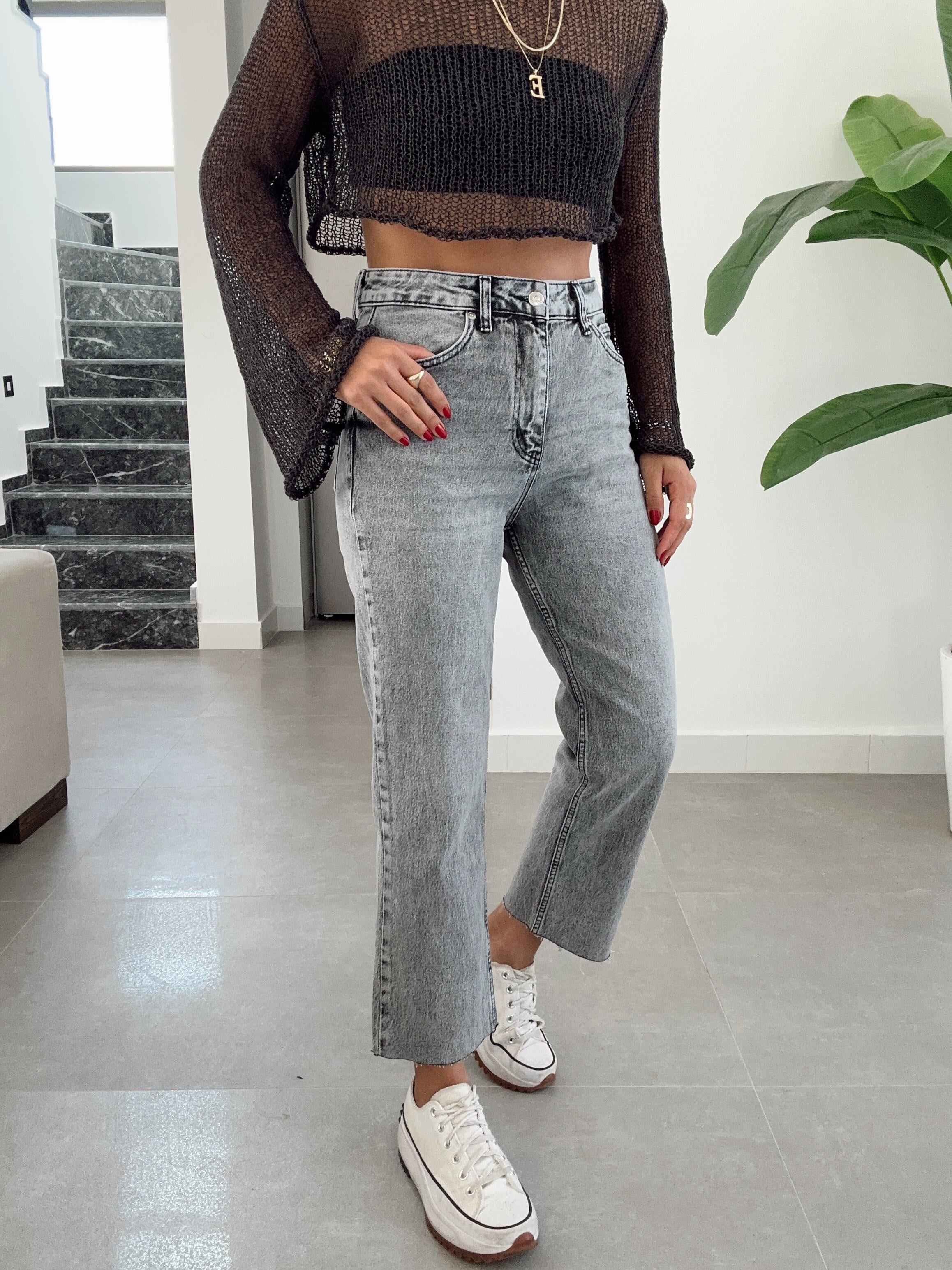 Koyu Gri Boyfit Kesikpaça Pantolon