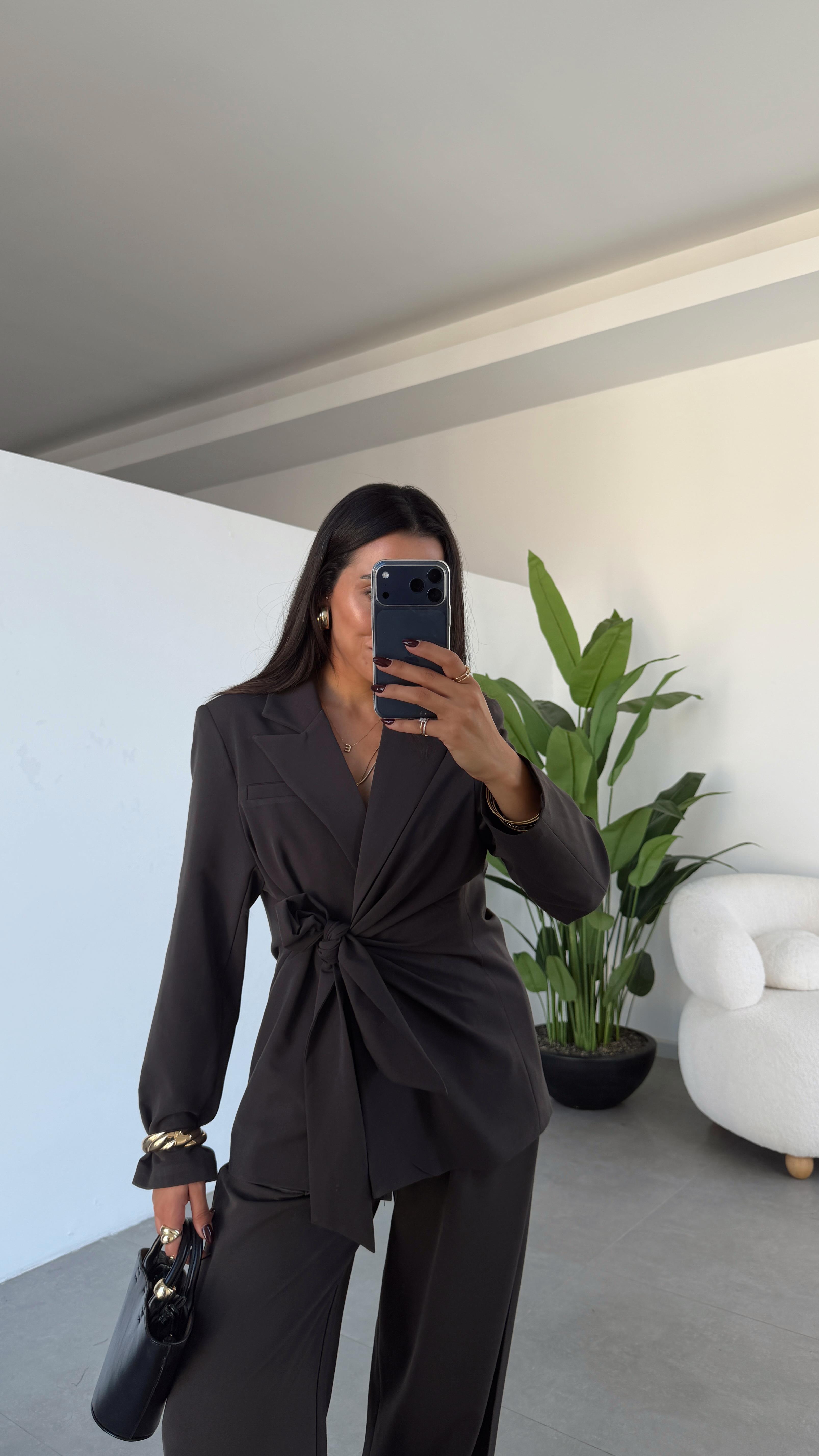 Koyu Kahve Yandan Bağlamalı Blazer