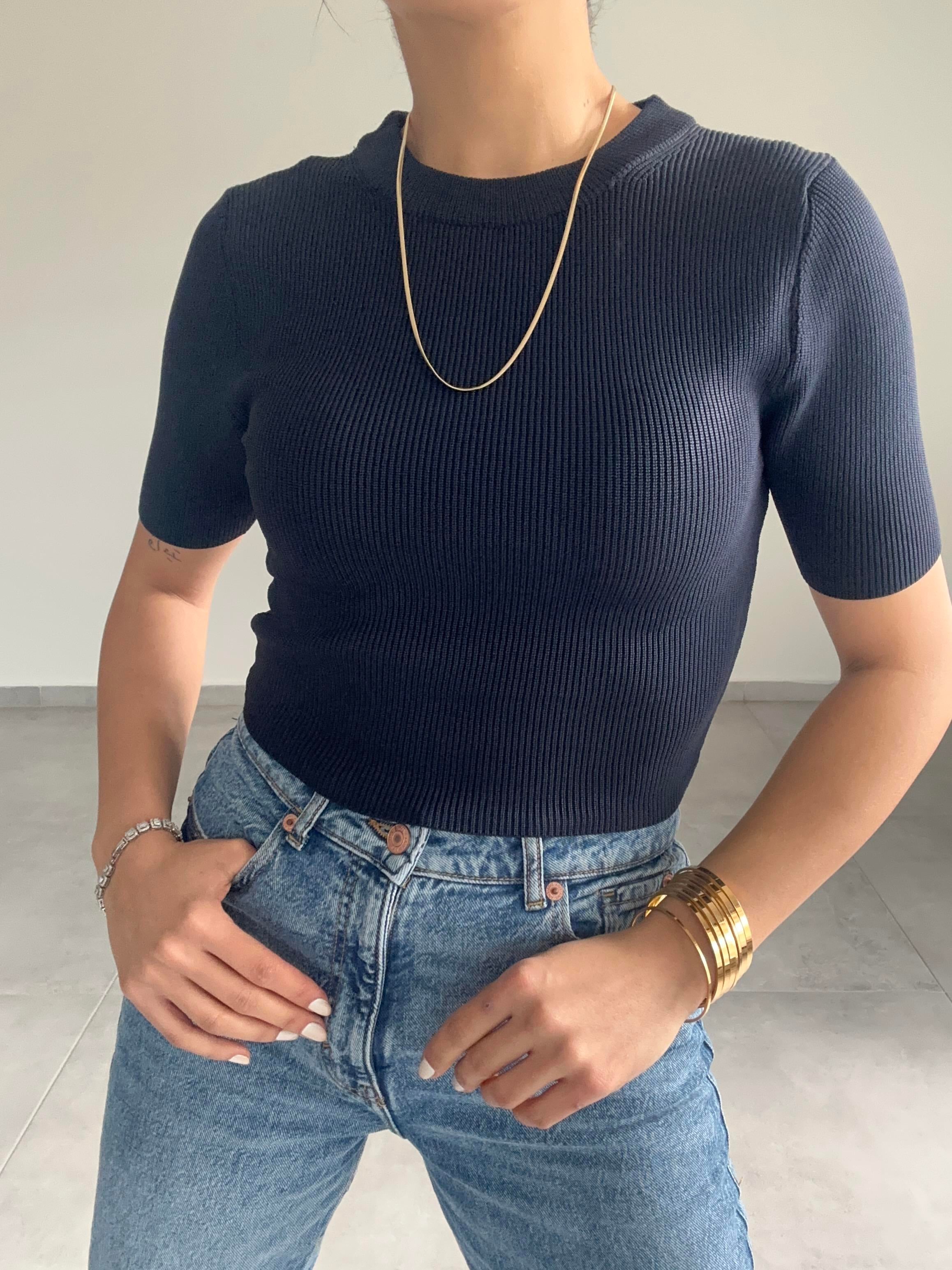 Koyu Lacivert Kısa Kol Triko Badi