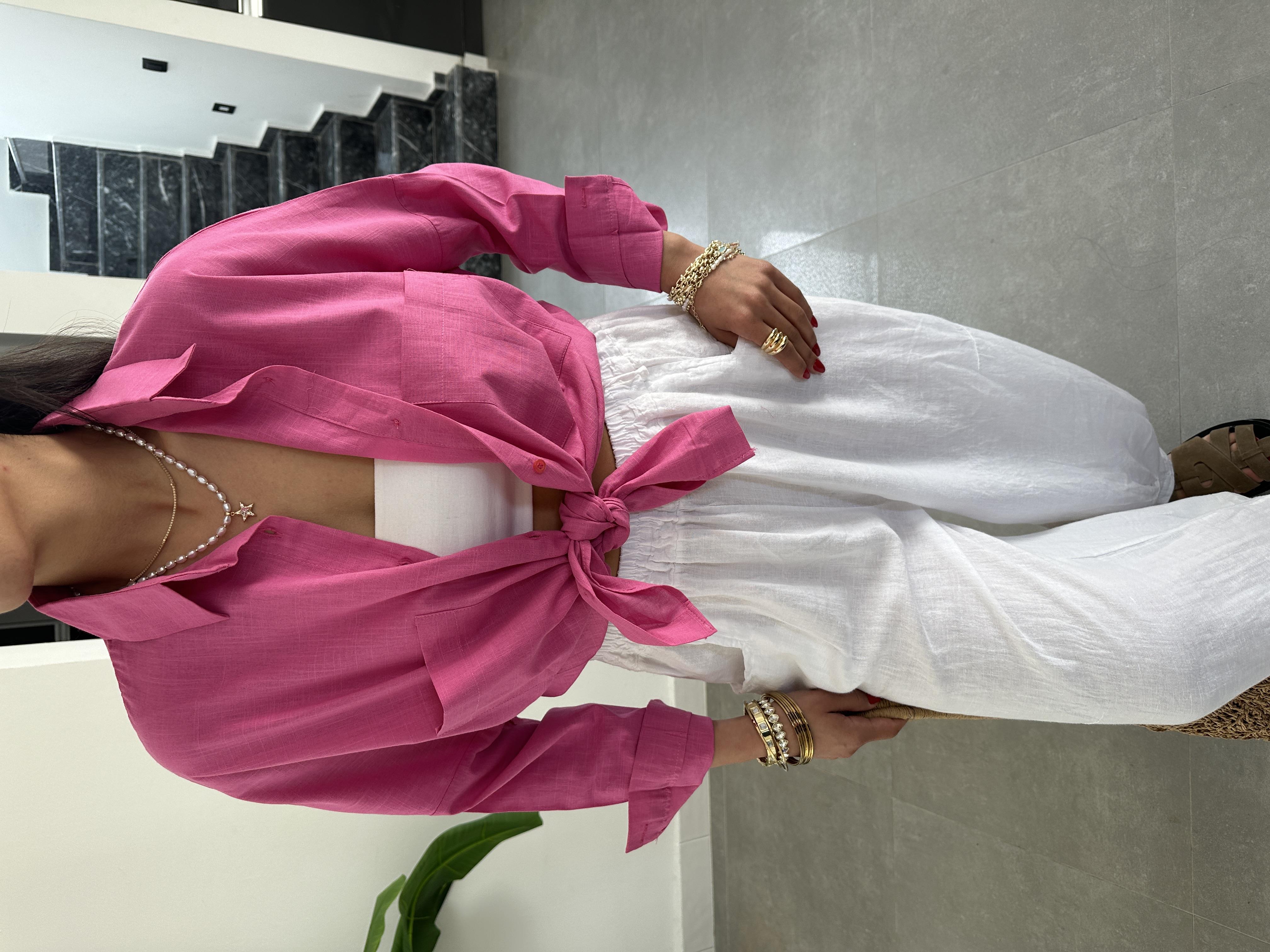 Koyu Pembe Flamlı Keten Çift Cep Oversize Gömlek