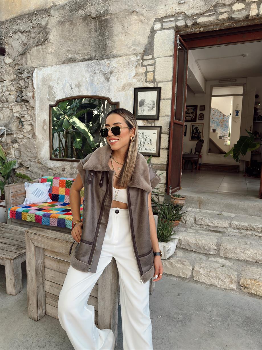 Koyu Vizon İçi Kürklü Yelek