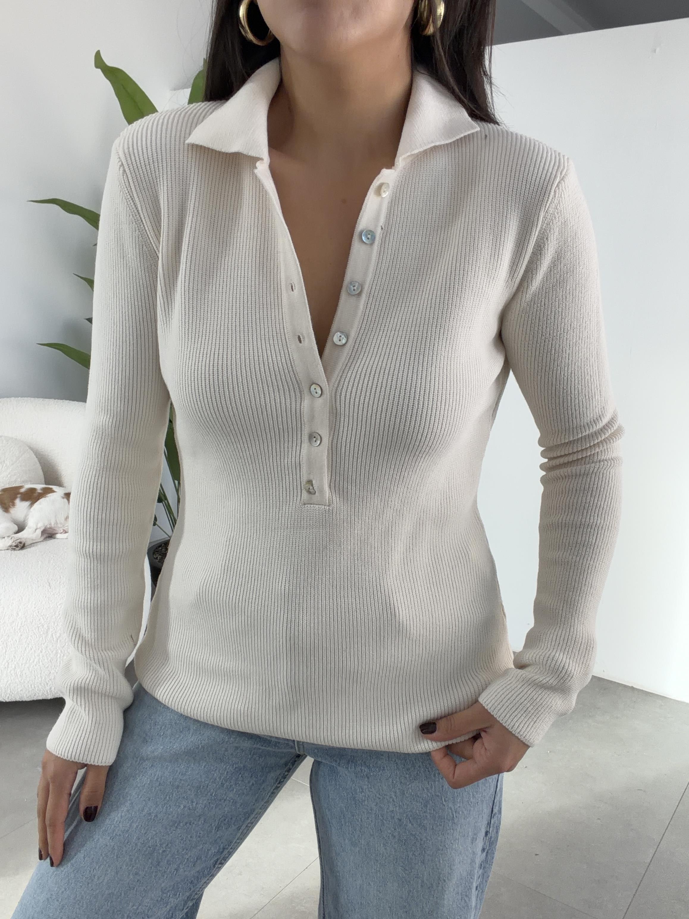 Krem Uzun Kollu Polo Yaka Kazak