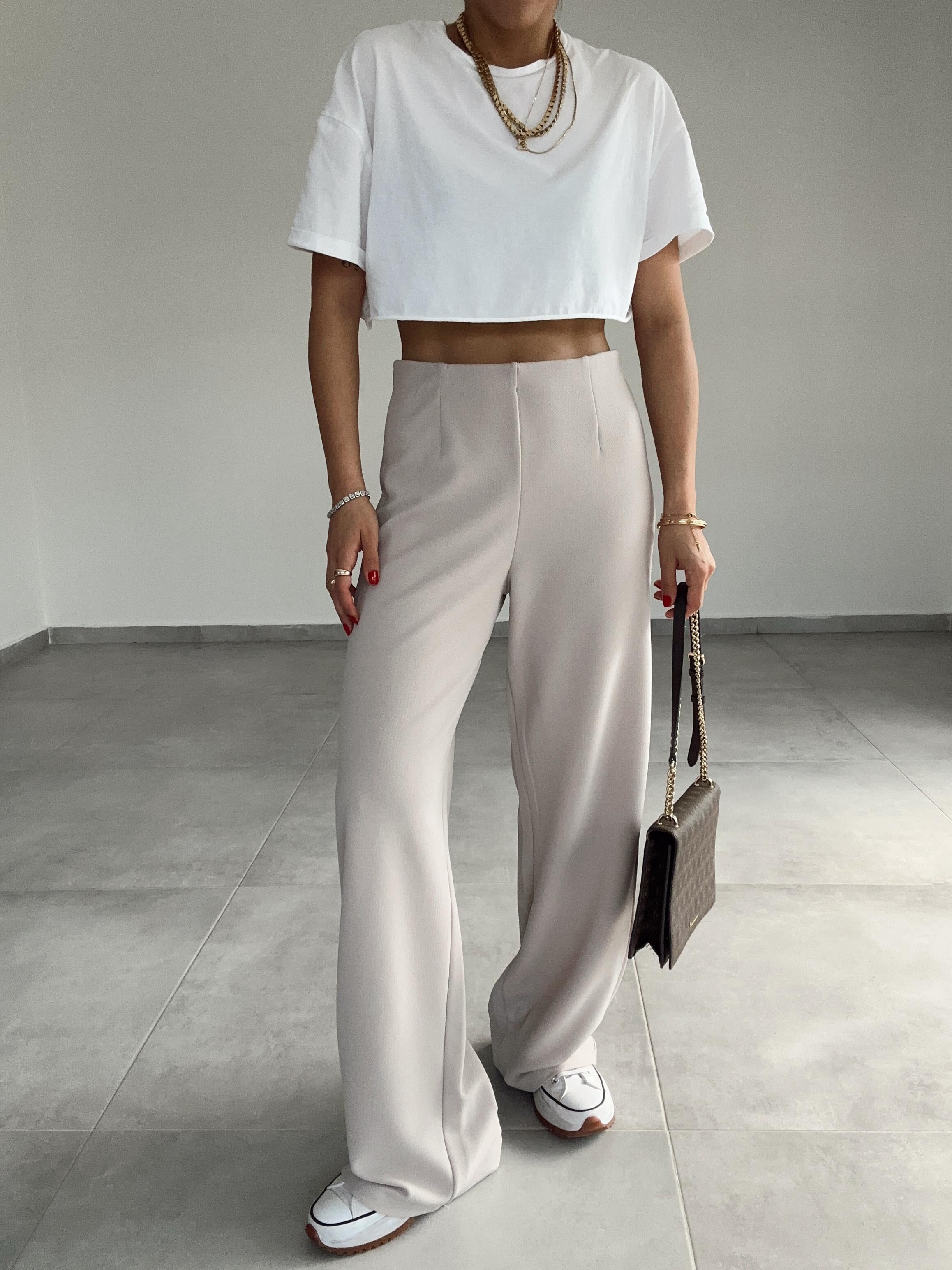 Krep Kemersiz Bej Palazzo Pantolon